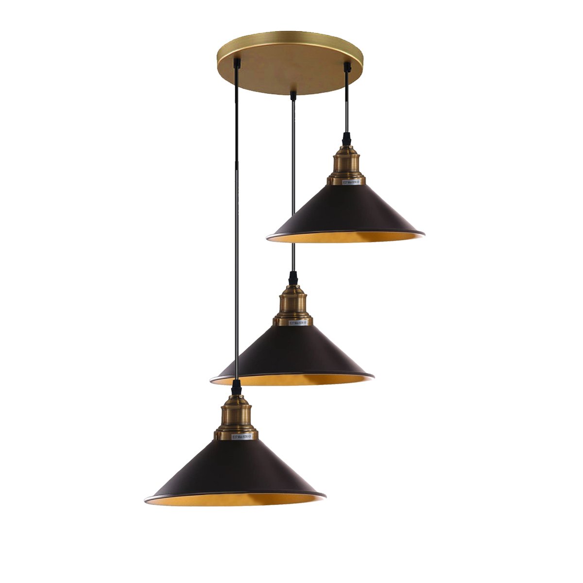 3 Lights Hanging Chandelier with adjustable cables in black, featuring retro-inspired cone shades and brass accents.