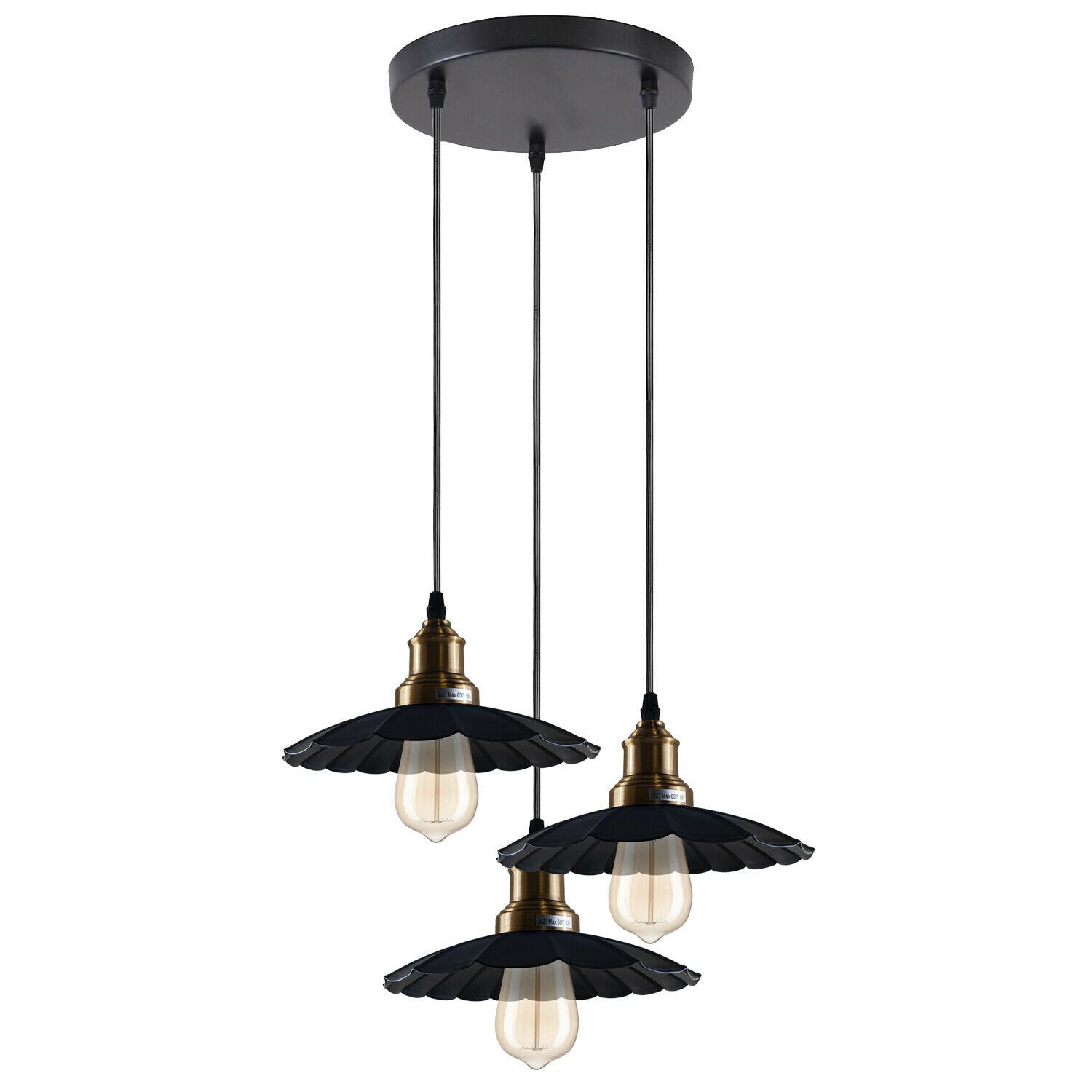 3 Outlet Black Wavy Metal Ceiling Pendant Light with three lamp holders and a stylish design, perfect for home and commercial use.