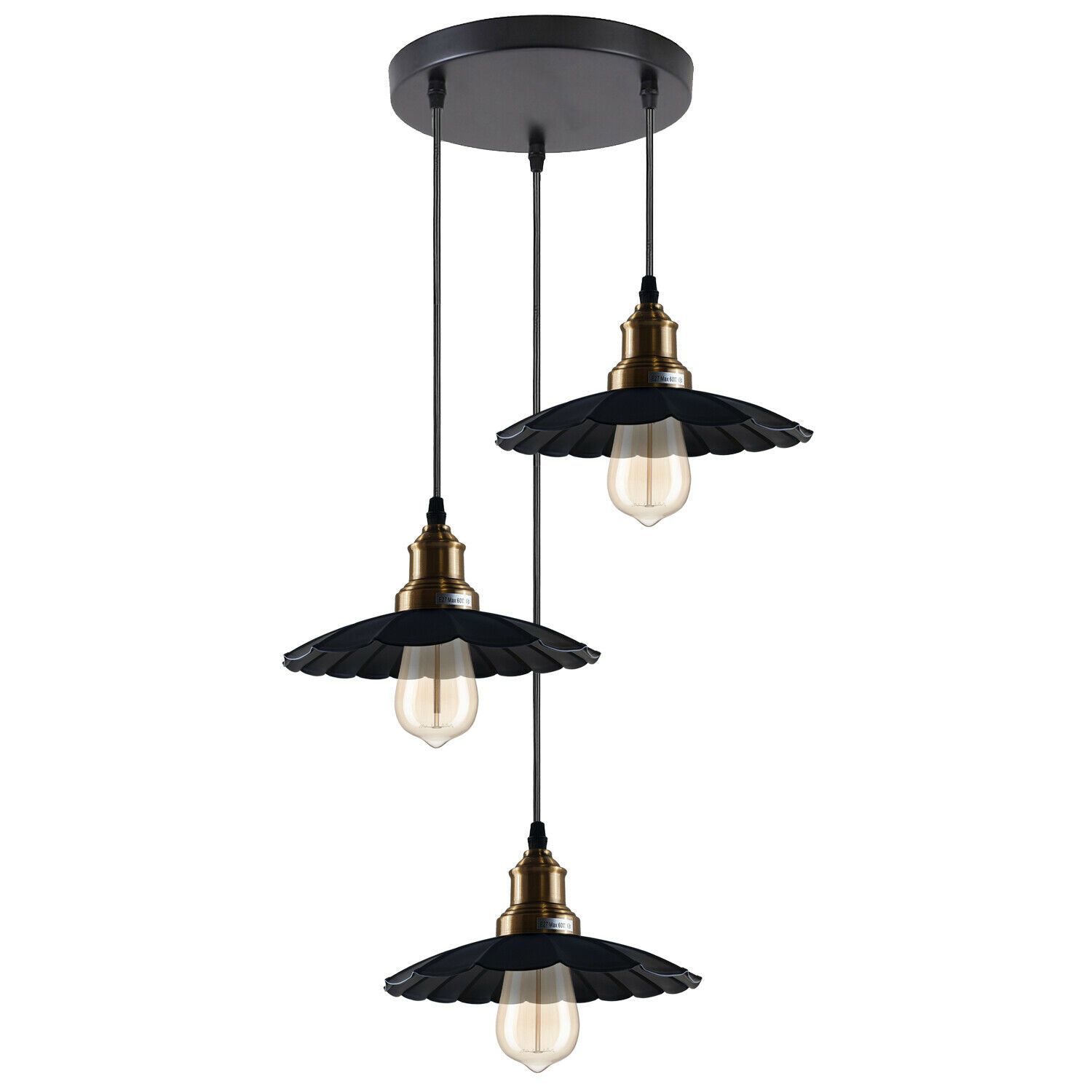 3 Outlet Black Wavy Metal Ceiling Pendant Light with three lamp holders and a stylish design, perfect for home and commercial use.