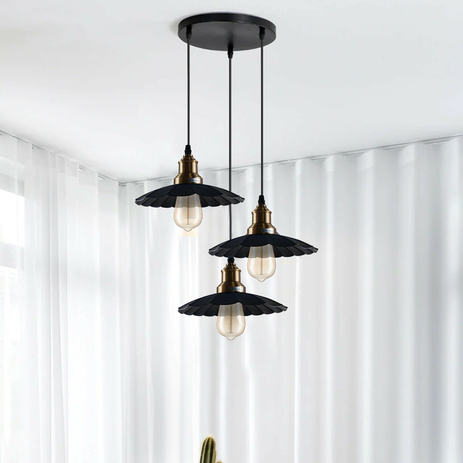 3 Outlet Black Wavy Metal Ceiling Pendant Light with three lamp holders and a stylish design, perfect for home and commercial use.