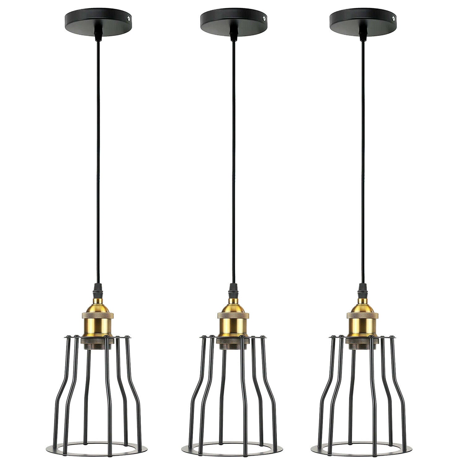 Three vintage industrial style cage ceiling lamps with black metal finish, showcasing a modern retro design suitable for various room decors.