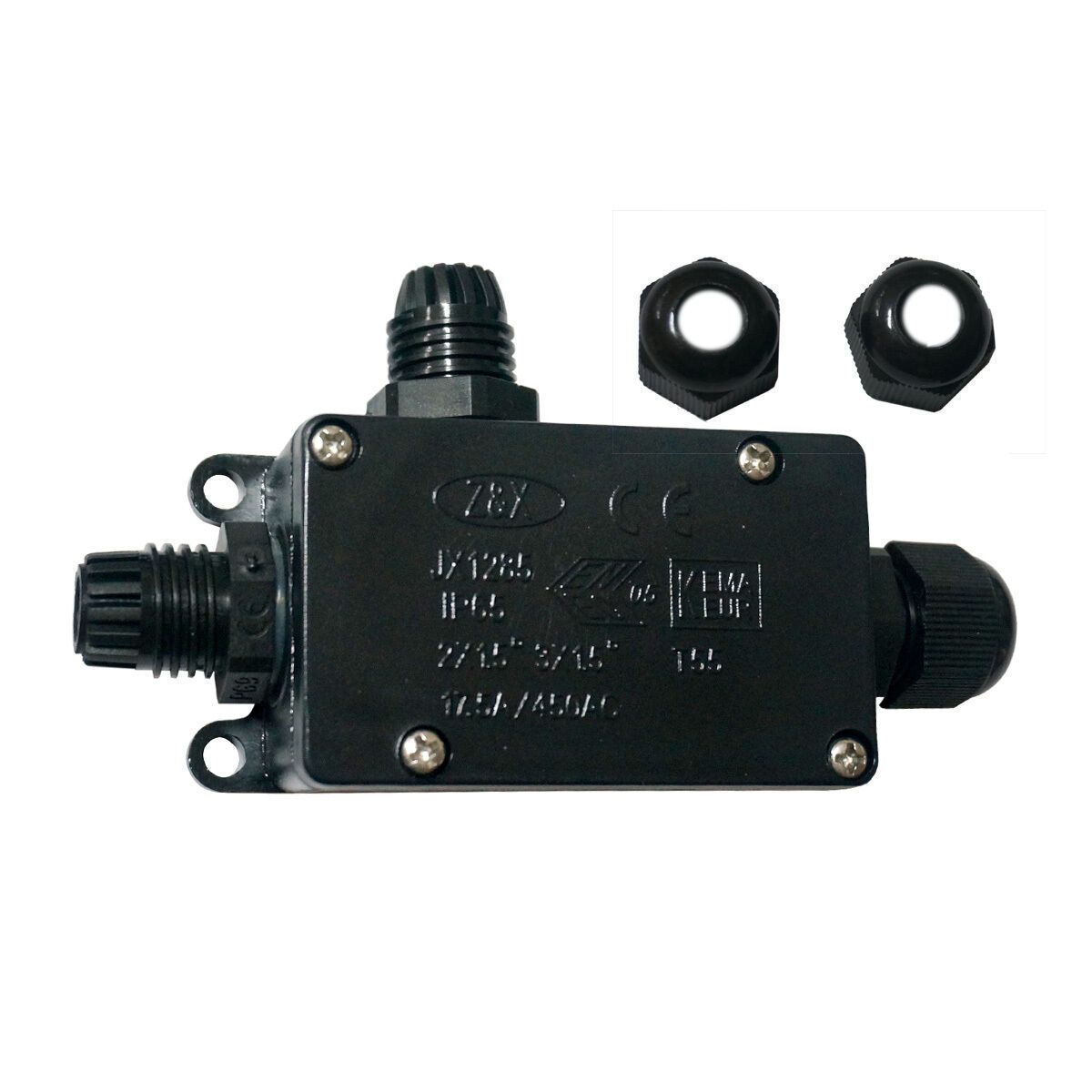 3 Way IP65 Waterproof Junction Box designed for underground cable protection, featuring a durable black exterior and screw fixed connectors.