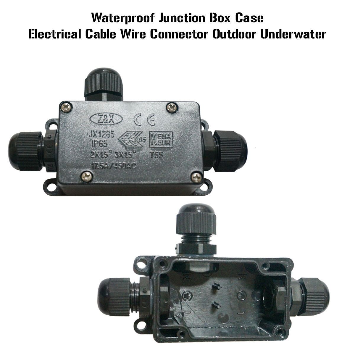 3 Way IP65 Waterproof Junction Box designed for underground cable protection, featuring a durable black exterior and screw fixed connectors.