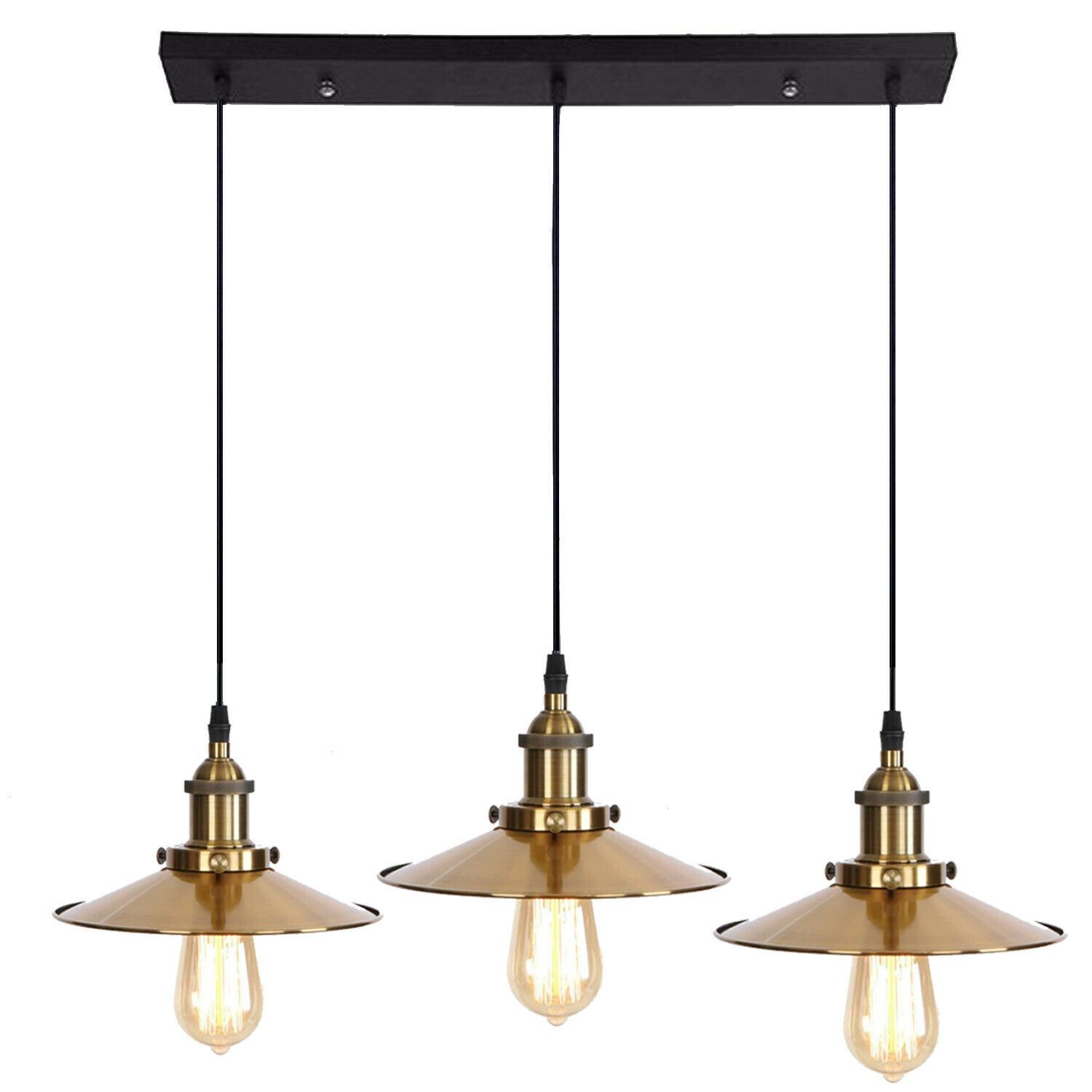 3 Way Modern Ceiling Pendant Cluster Light Fitting with yellow brass lampshades and adjustable black flex, ideal for industrial decor.