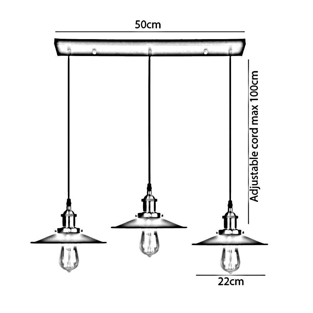 3 Way Modern Ceiling Pendant Cluster Light Fitting with yellow brass lampshades and adjustable black flex, ideal for industrial decor.