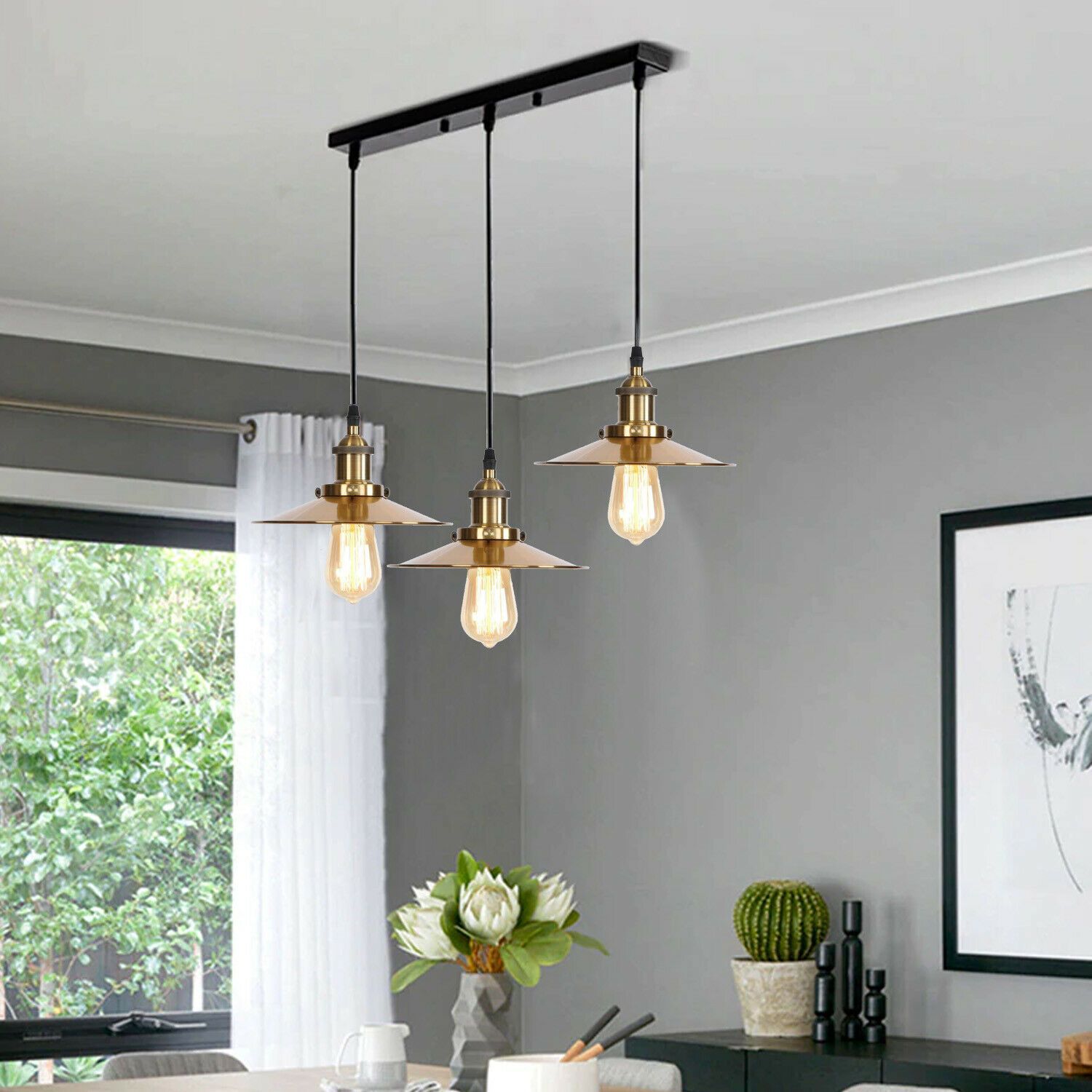 3 Way Modern Ceiling Pendant Cluster Light Fitting with yellow brass lampshades and adjustable black flex, ideal for industrial decor.