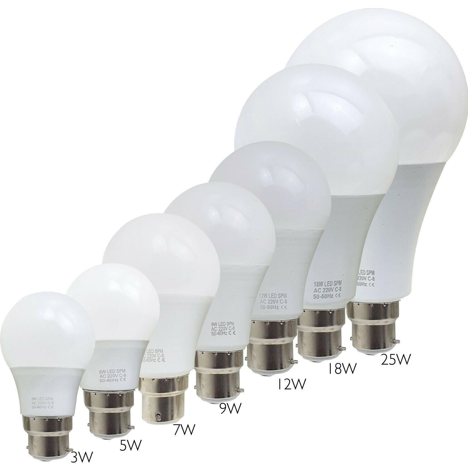 Three energy-saving LED light bulbs with B22 base, showcasing a frosted design for softer light output, ideal for various indoor settings.