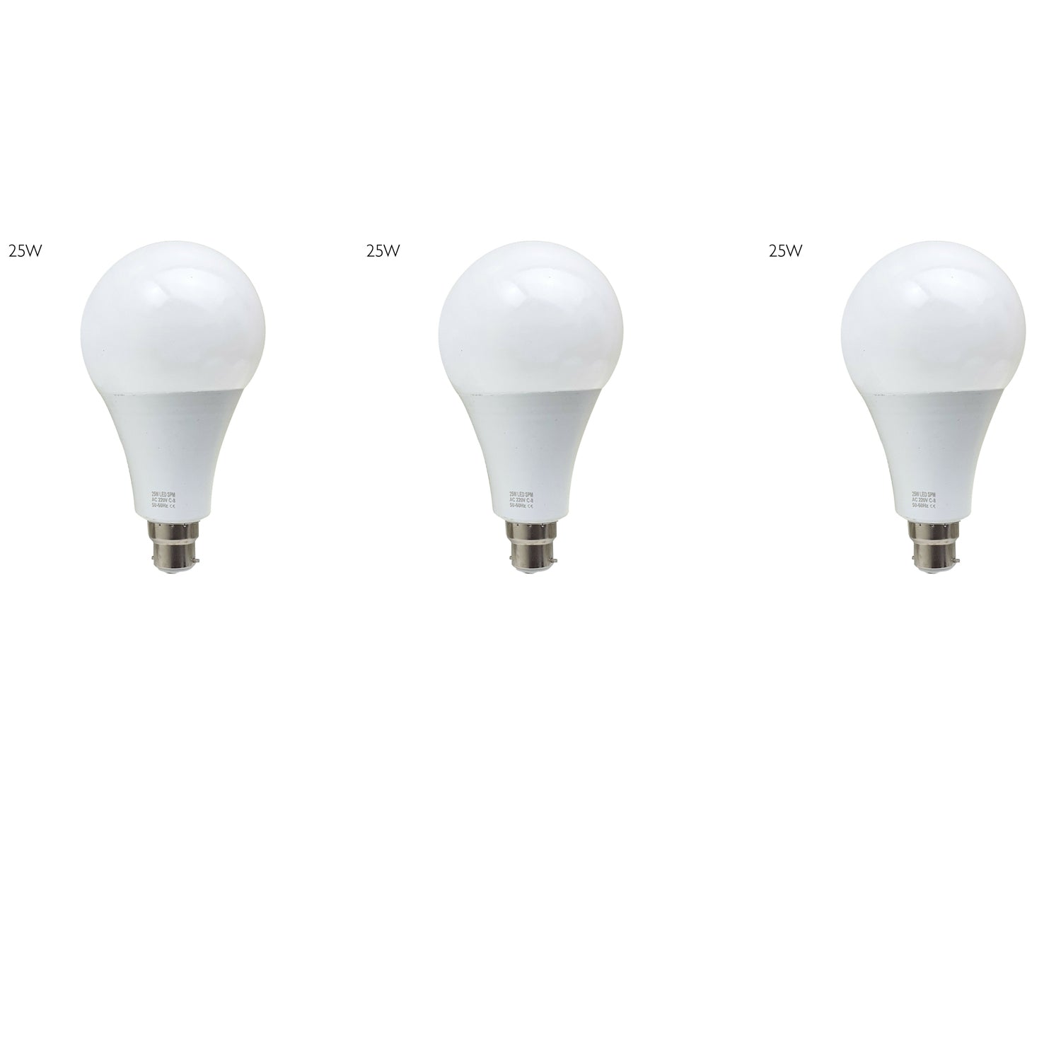 Three energy-saving LED light bulbs with B22 base, showcasing a frosted design for softer light output, ideal for various indoor settings.