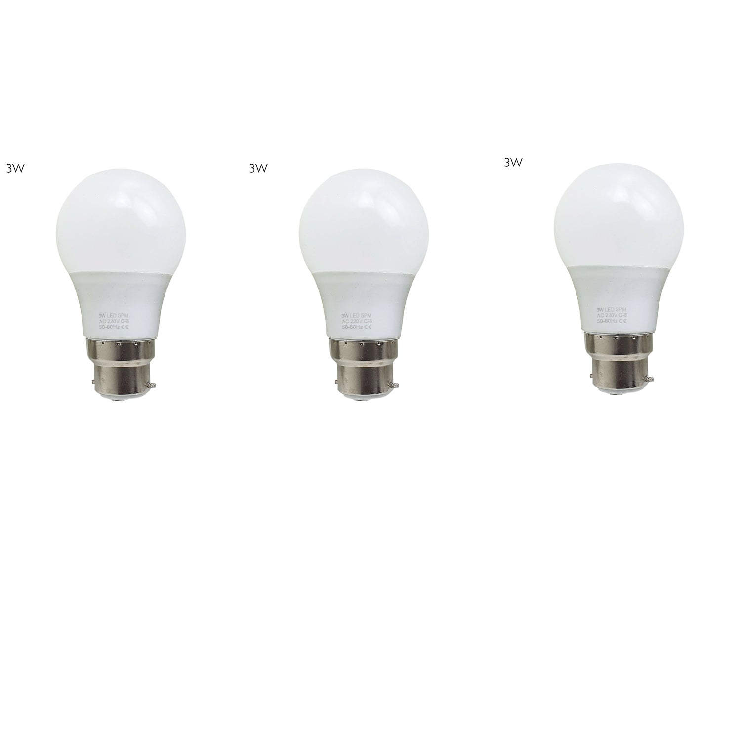 Three energy-saving LED light bulbs with B22 base, showcasing a frosted design for softer light output, ideal for various indoor settings.