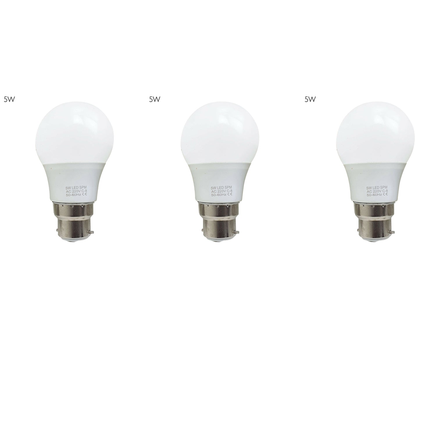 Three energy-saving LED light bulbs with B22 base, showcasing a frosted design for softer light output, ideal for various indoor settings.