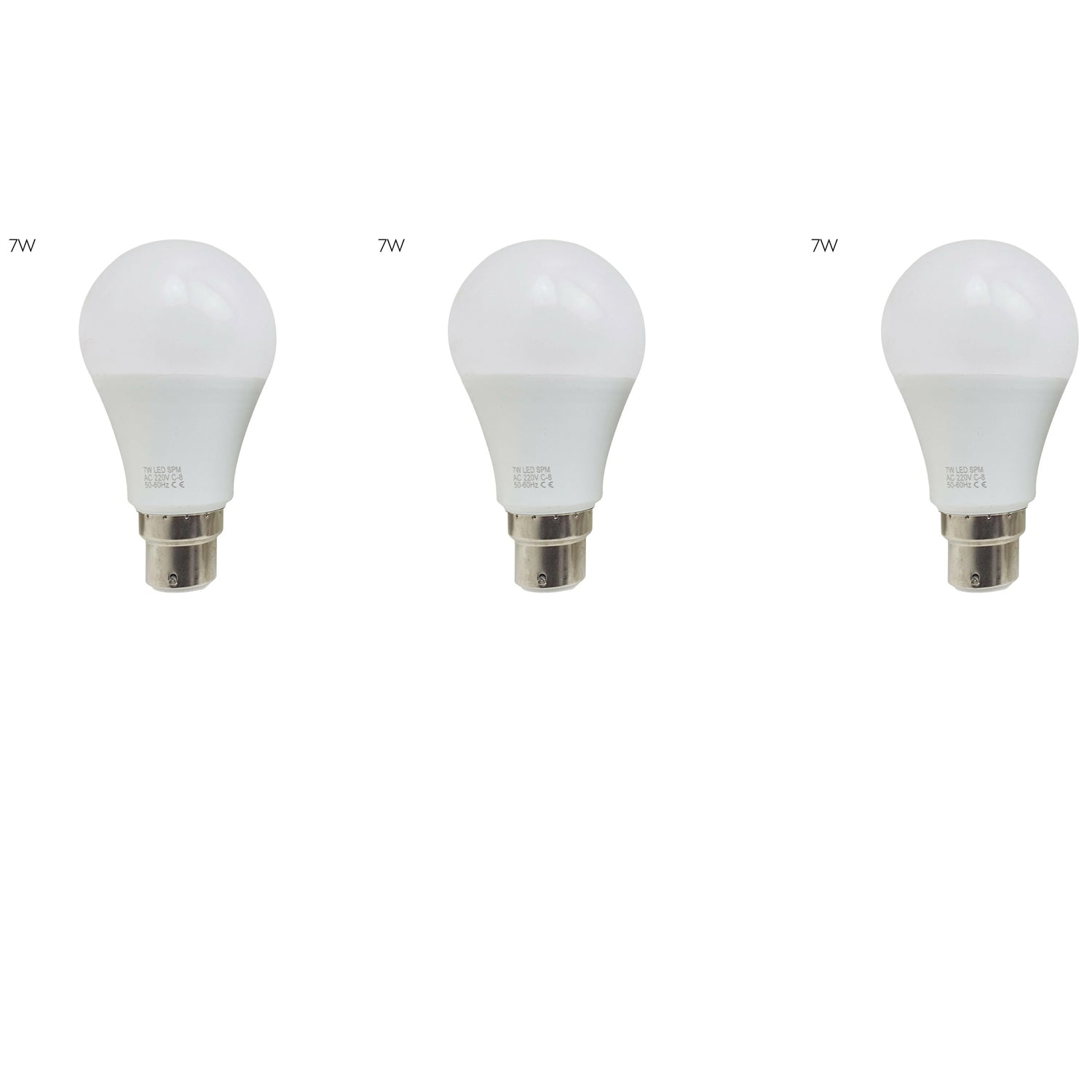 Three energy-saving LED light bulbs with B22 base, showcasing a frosted design for softer light output, ideal for various indoor settings.