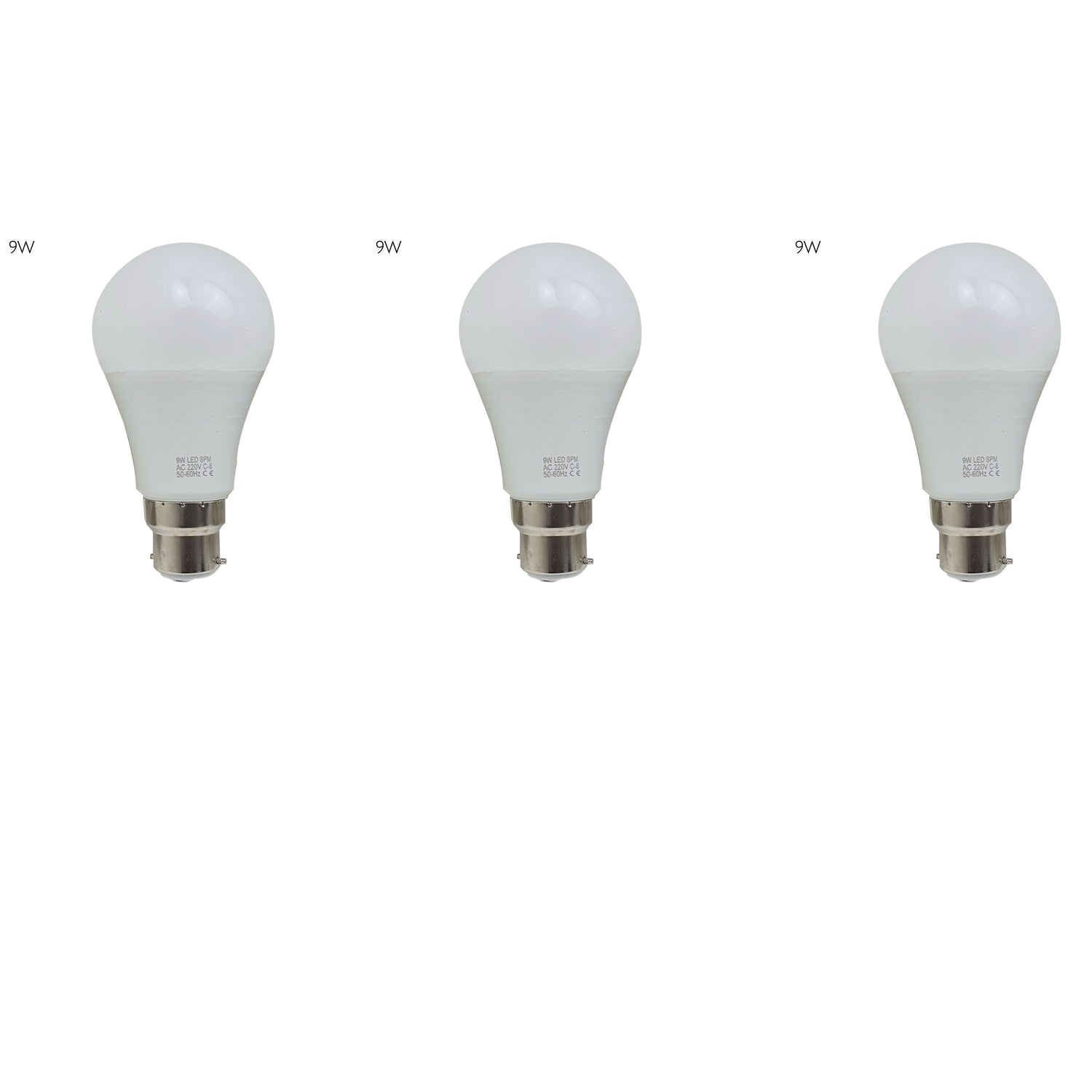 Three energy-saving LED light bulbs with B22 base, showcasing a frosted design for softer light output, ideal for various indoor settings.