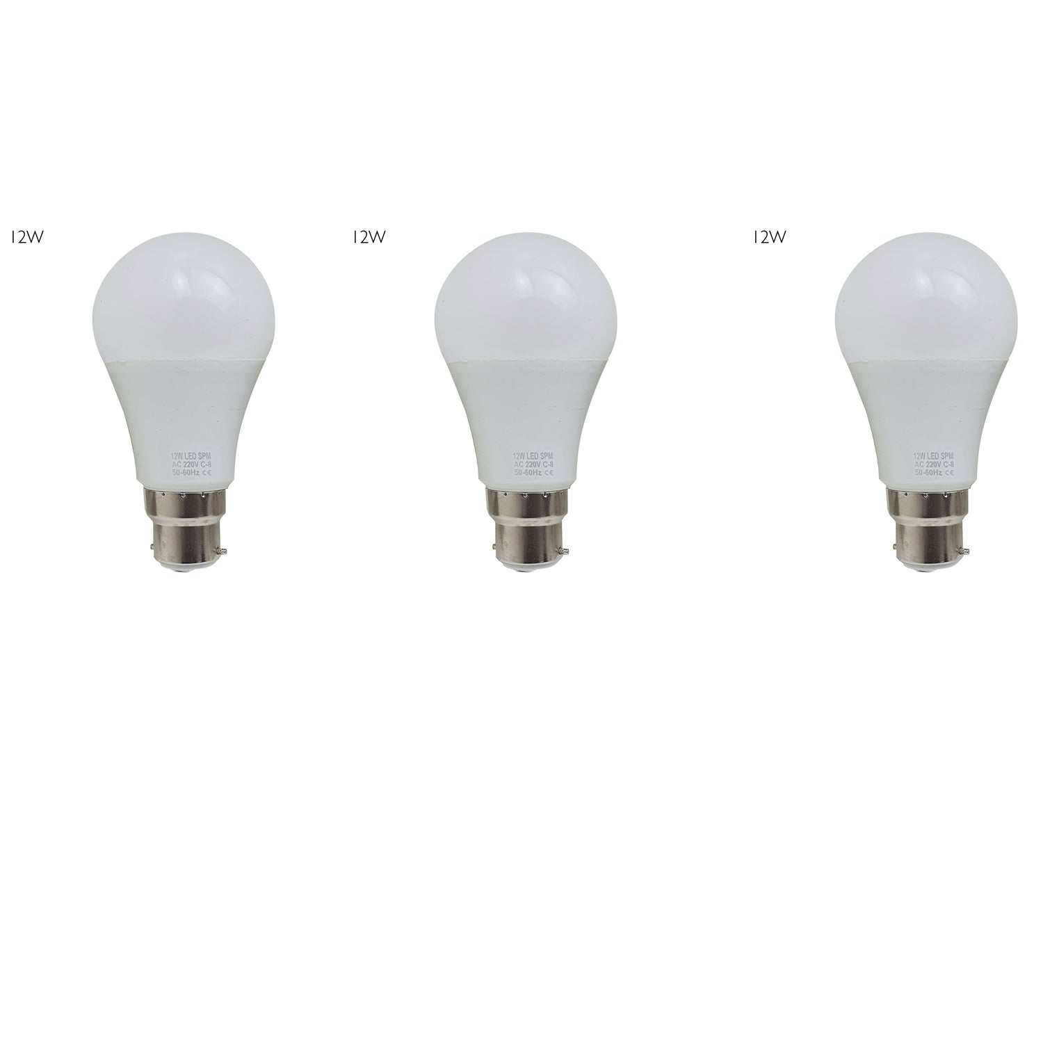 Three energy-saving LED light bulbs with B22 base, showcasing a frosted design for softer light output, ideal for various indoor settings.