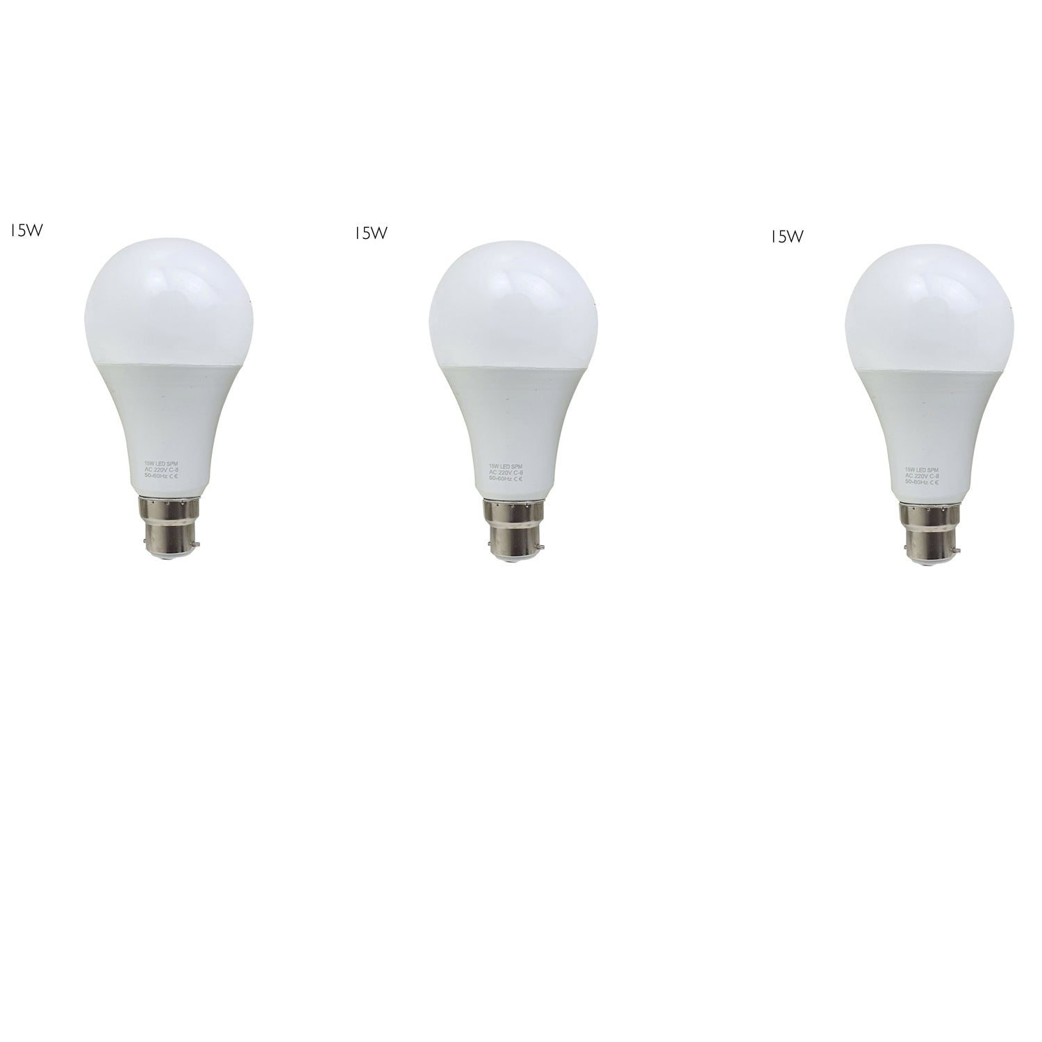 Three energy-saving LED light bulbs with B22 base, showcasing a frosted design for softer light output, ideal for various indoor settings.