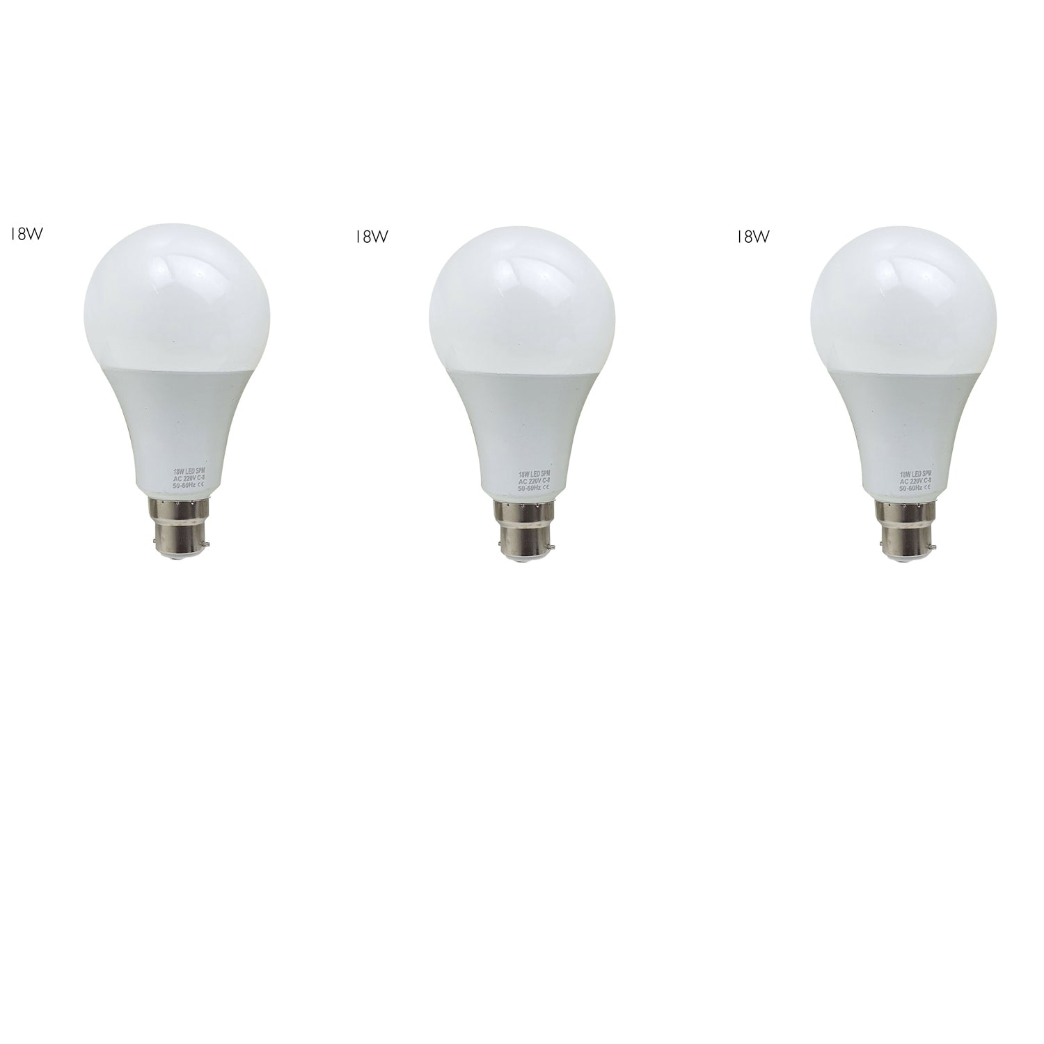 Three energy-saving LED light bulbs with B22 base, showcasing a frosted design for softer light output, ideal for various indoor settings.