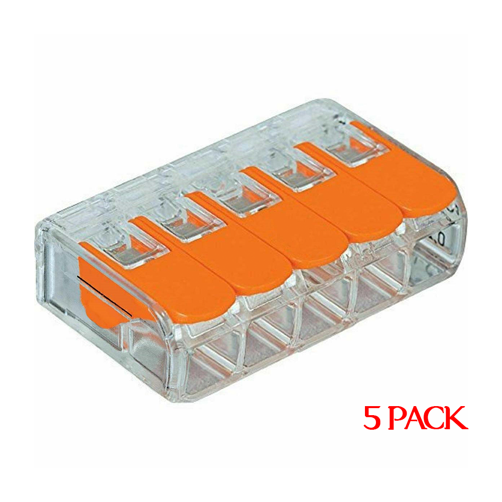 32A Spring Lever Push Fit Electrical Connectors in clear and orange, showcasing their compact design and lever mechanism.