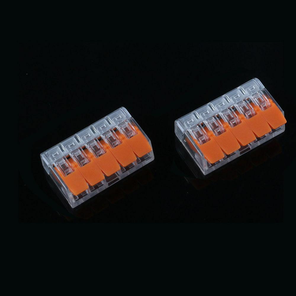 32A Spring Lever Push Fit Electrical Connectors in clear and orange, showcasing their compact design and lever mechanism.