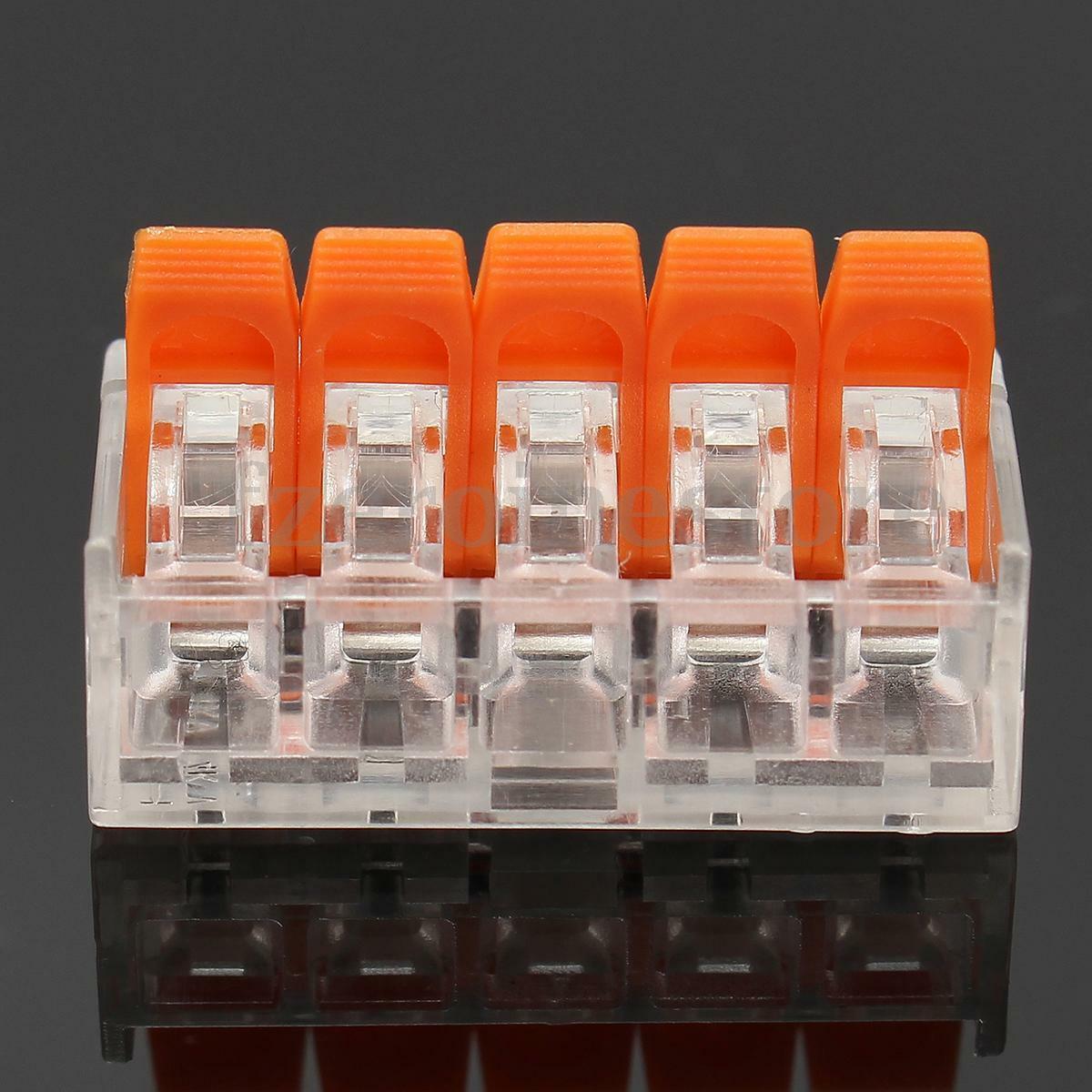 32A Spring Lever Push Fit Electrical Connectors in clear and orange, showcasing their compact design and lever mechanism.