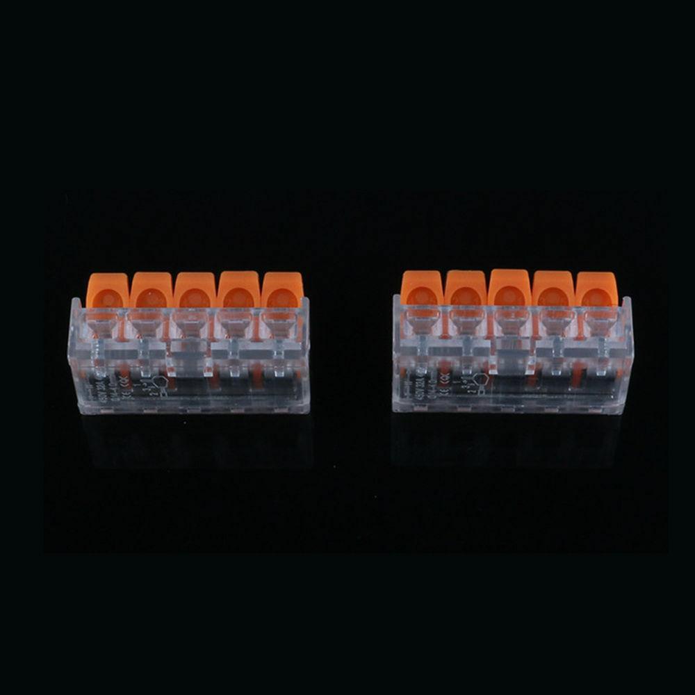 32A Spring Lever Push Fit Electrical Connectors in clear and orange, showcasing their compact design and lever mechanism.