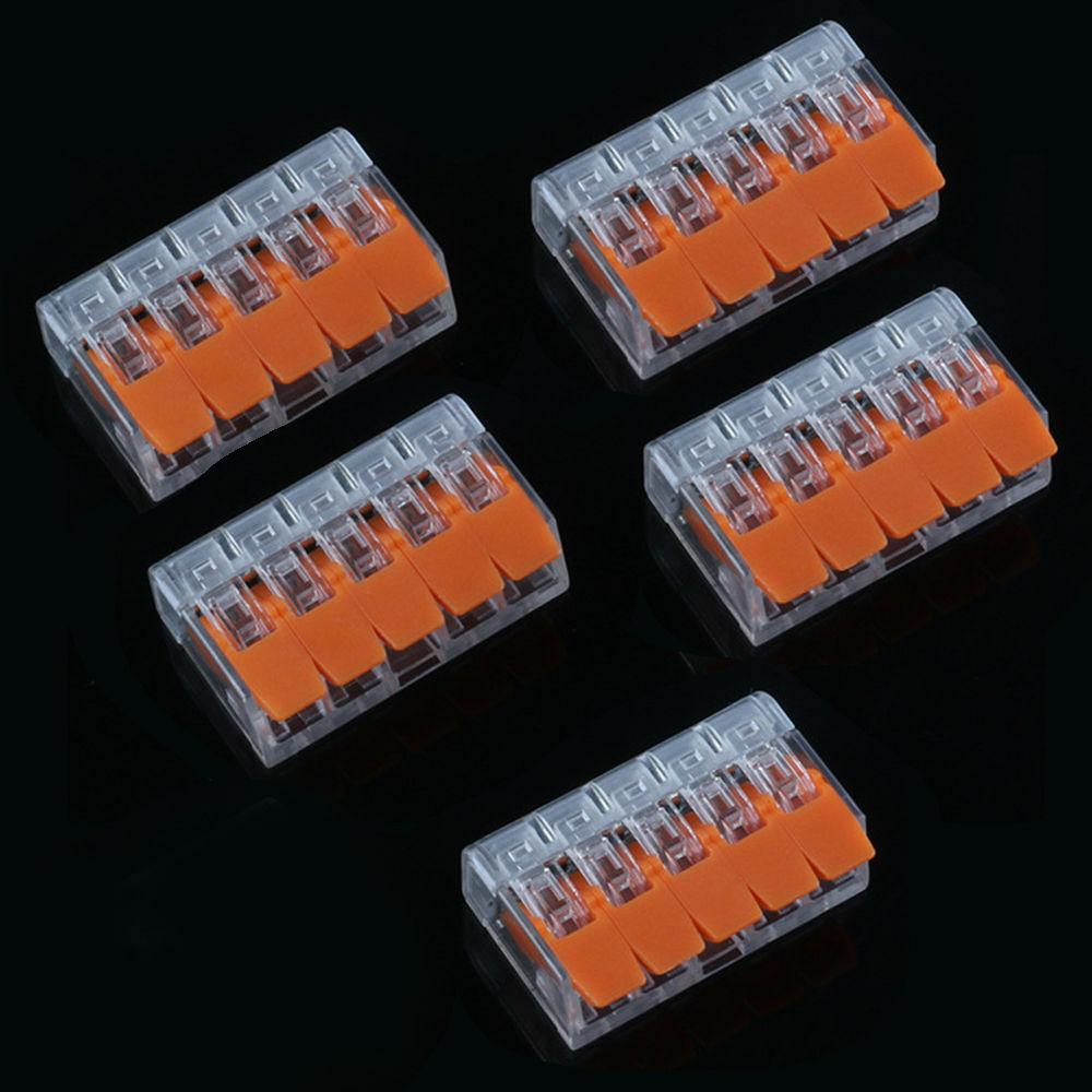 32A Spring Lever Push Fit Electrical Connectors in clear and orange, showcasing their compact design and lever mechanism.