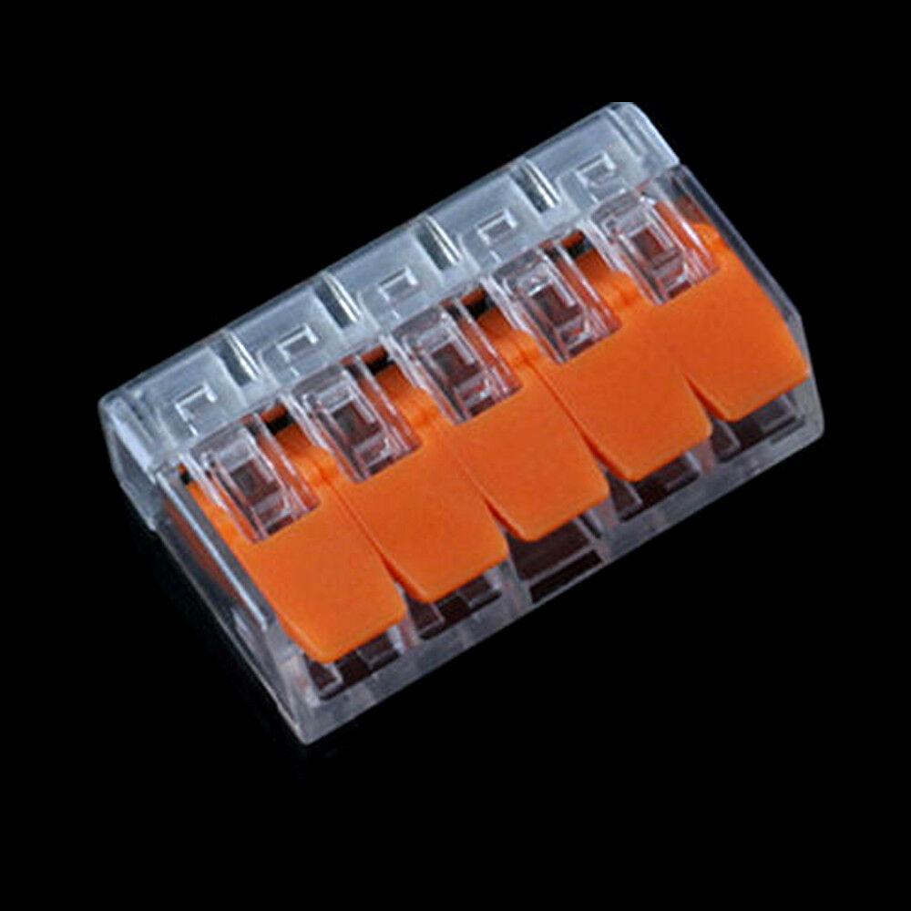 32A Spring Lever Push Fit Electrical Connectors in clear and orange, showcasing their compact design and lever mechanism.