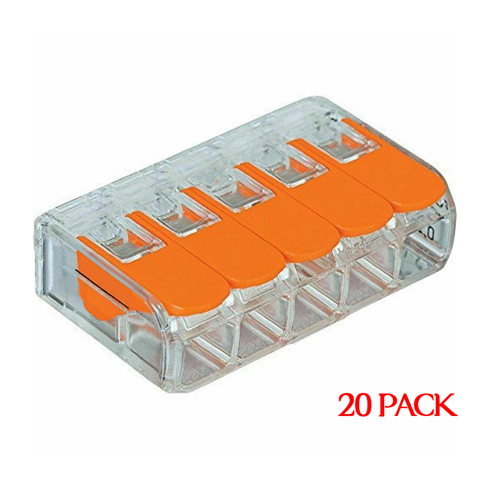 32A Spring Lever Push Fit Electrical Connectors in clear and orange, showcasing their compact design and lever mechanism.