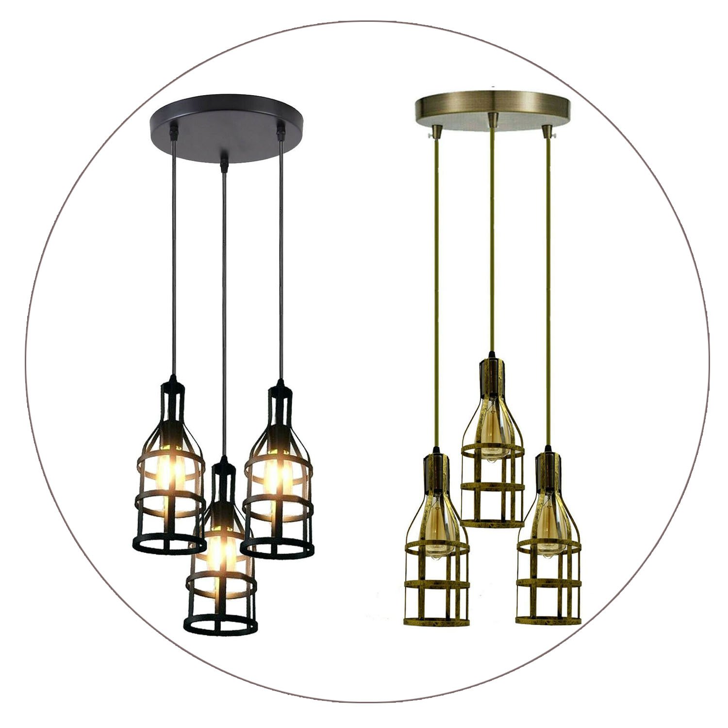 3-Heads Ceiling Pendant Cluster Light Fitting with E27 sockets in brushed brass and black finishes, showcasing its stylish design and three light holders.