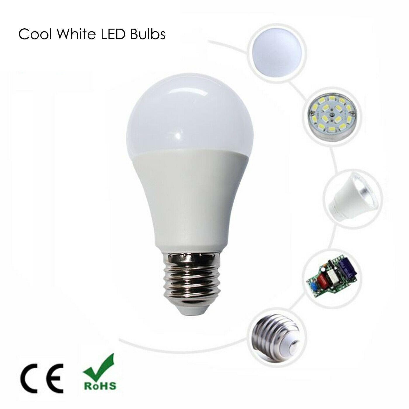 Three E27 LED bulbs in cool white light, showcasing their frosted design and energy-efficient features.