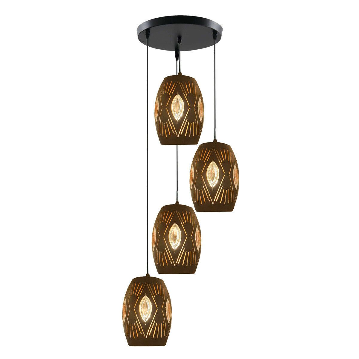 Modern 4 Way Multi Tier Ceiling Light Pendant with adjustable eyeball design shades in black finish, perfect for stylish home decor.