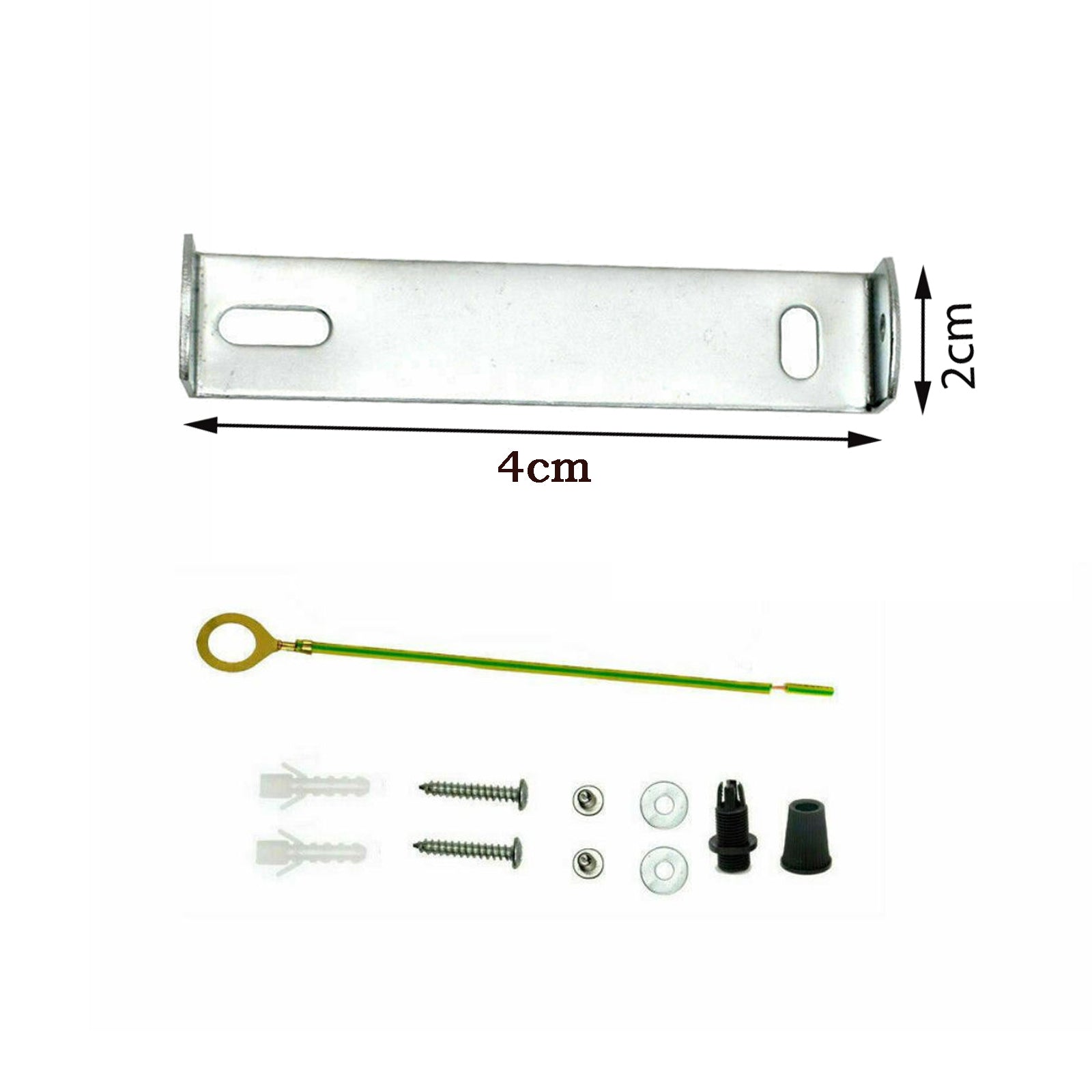 40mm Ceiling Rose Strap Bracket with accessories, showcasing its metal construction and riveted design for secure light fixture mounting.