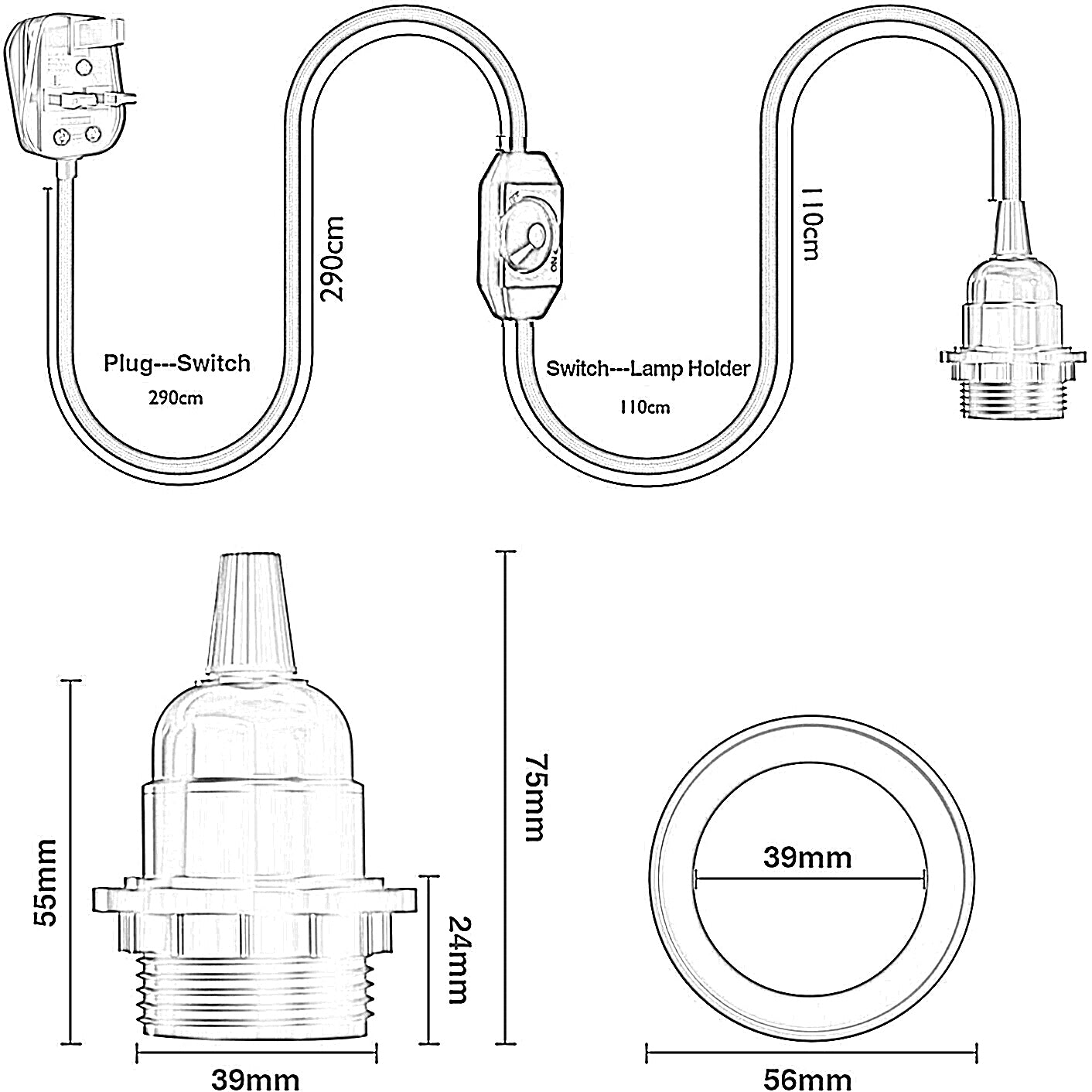 4m Fabric Cable UK Plug-in E27 Dimmer Switch Pendant Light Holder with a retro vintage design and flexible fabric cable.