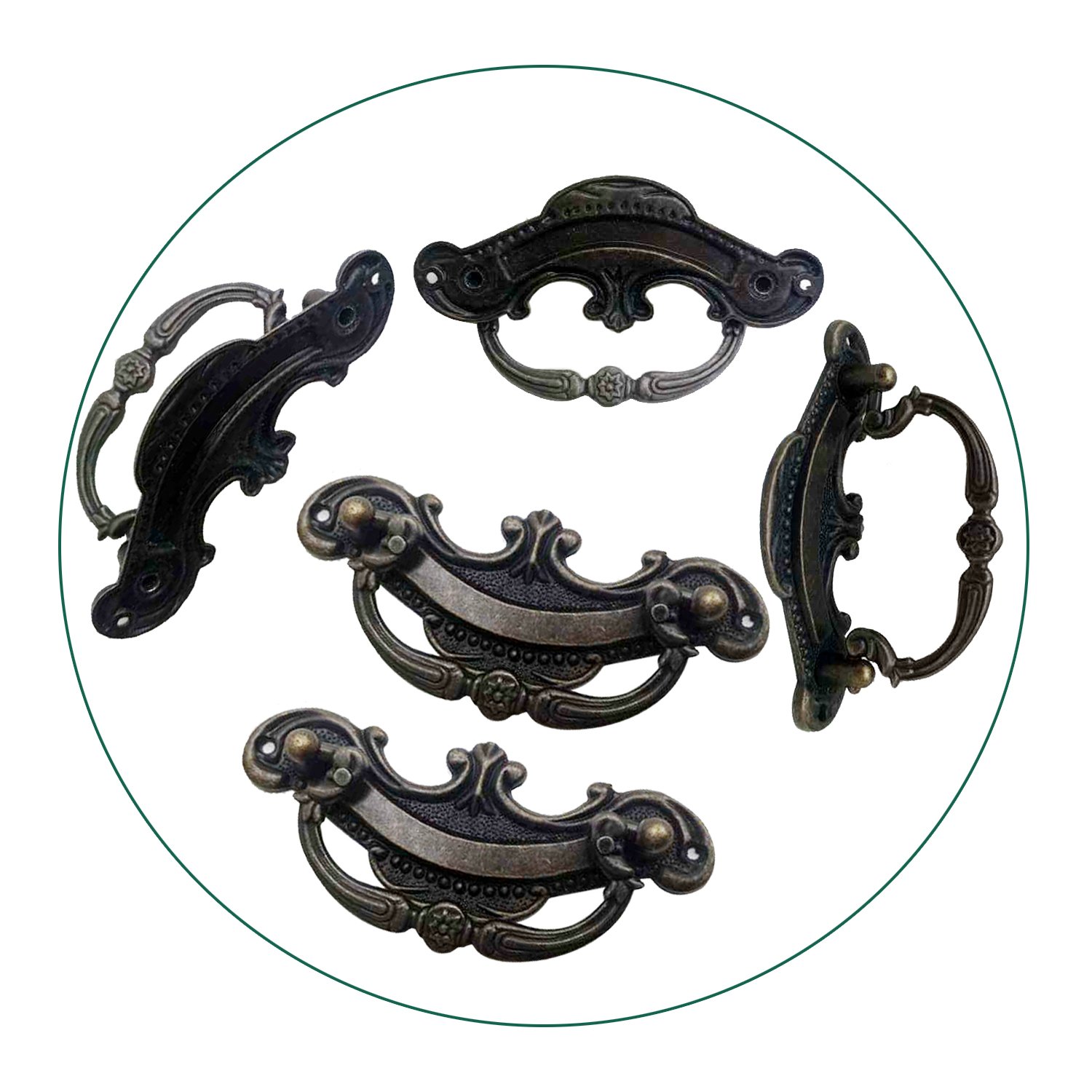 A set of five antique rustic style cast iron door handles, showcasing a vintage design with a rustic brass finish, ideal for cabinets and drawers.