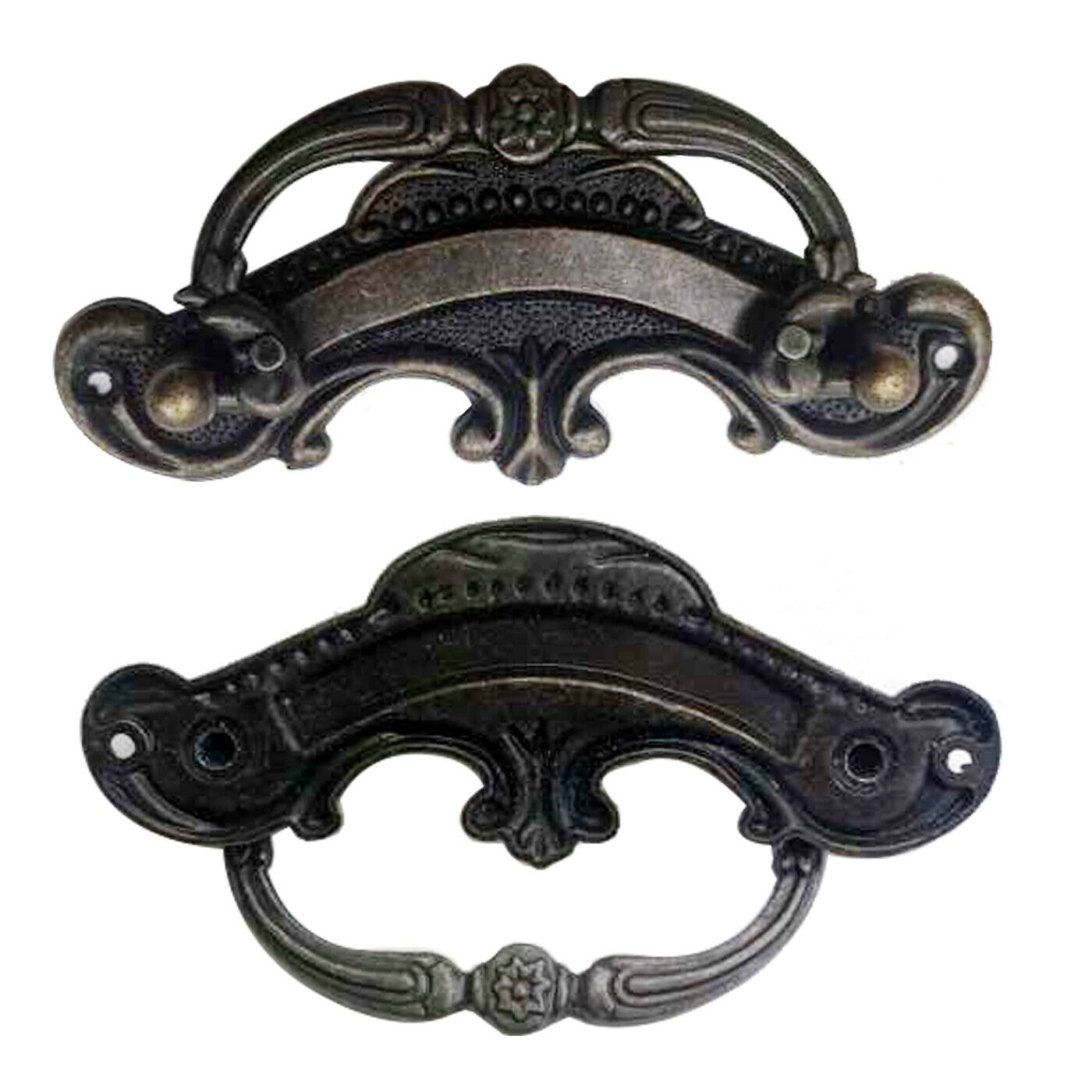 A set of five antique rustic style cast iron door handles, showcasing a vintage design with a rustic brass finish, ideal for cabinets and drawers.