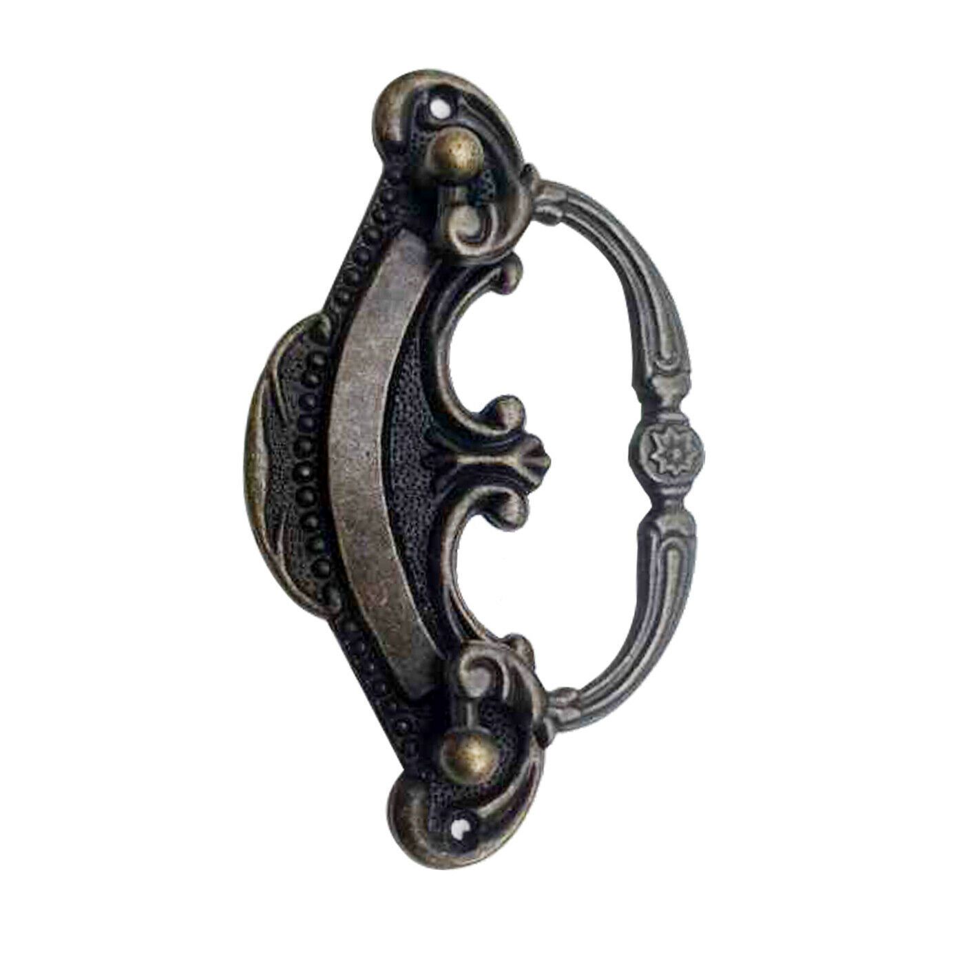 A set of five antique rustic style cast iron door handles, showcasing a vintage design with a rustic brass finish, ideal for cabinets and drawers.