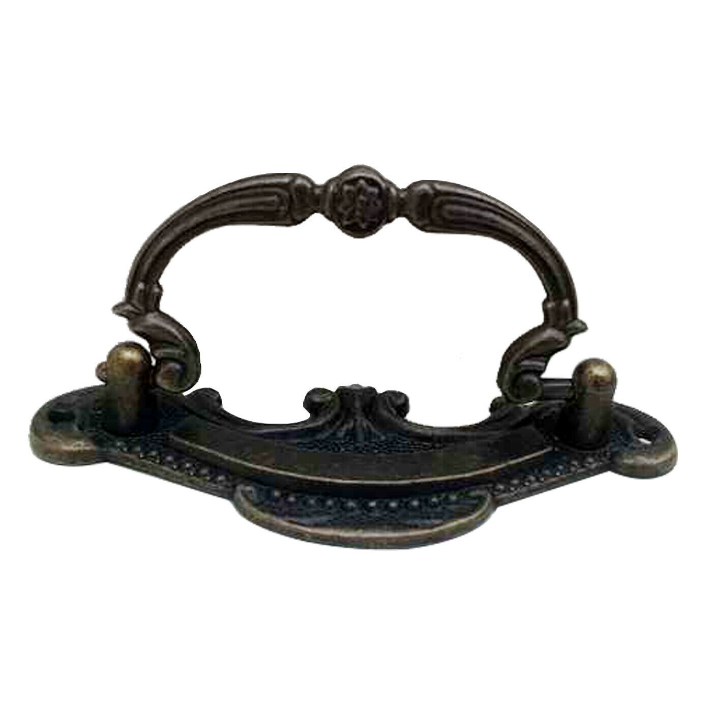 A set of five antique rustic style cast iron door handles, showcasing a vintage design with a rustic brass finish, ideal for cabinets and drawers.