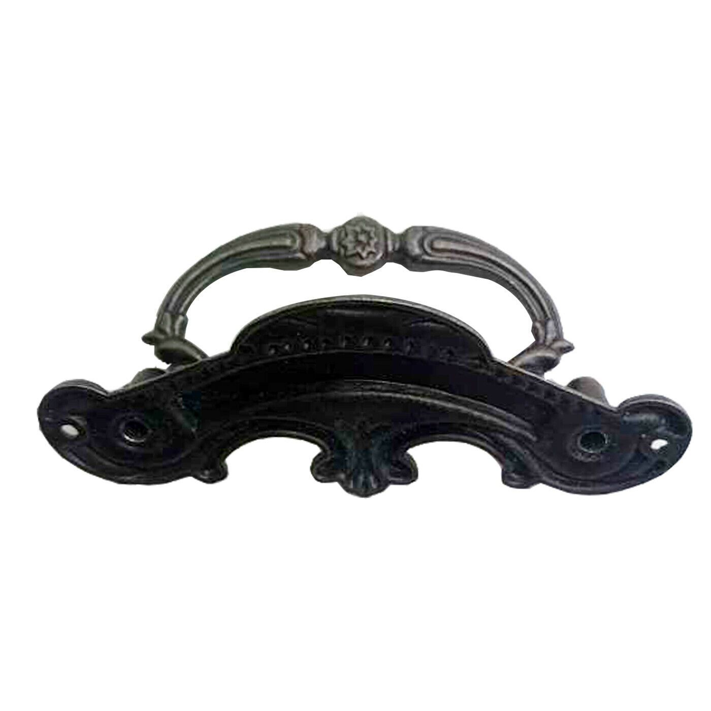 A set of five antique rustic style cast iron door handles, showcasing a vintage design with a rustic brass finish, ideal for cabinets and drawers.