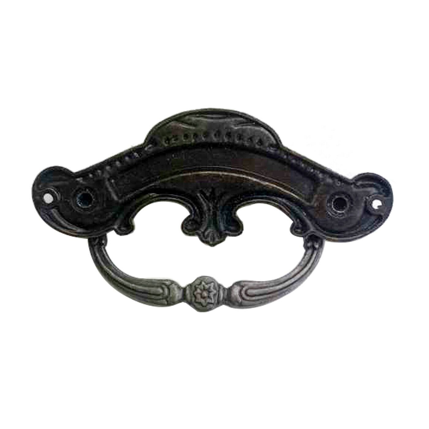 A set of five antique rustic style cast iron door handles, showcasing a vintage design with a rustic brass finish, ideal for cabinets and drawers.