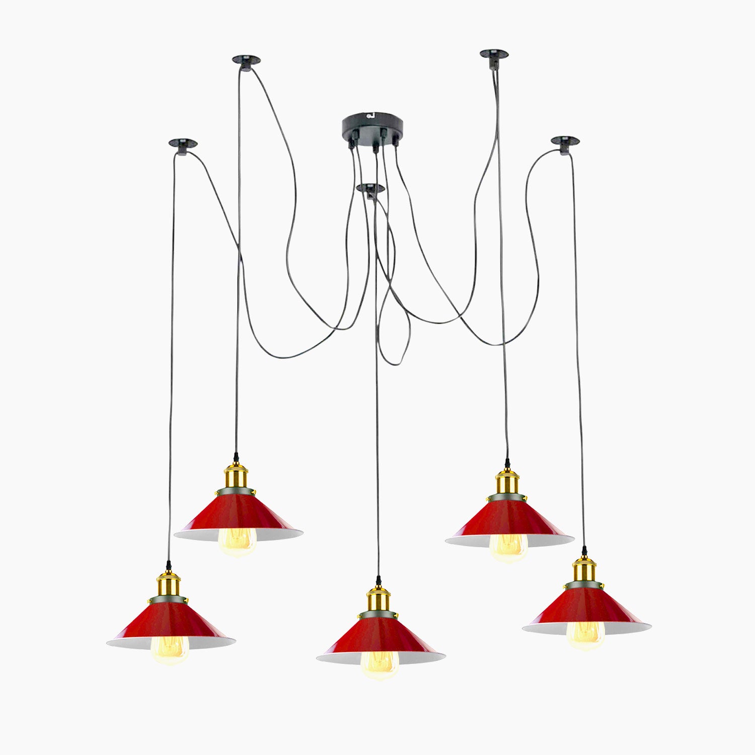 5 Way Chandelier Spider Ceiling Indoor Lamp in Red, featuring a retro vintage design with five adjustable pendant holders.