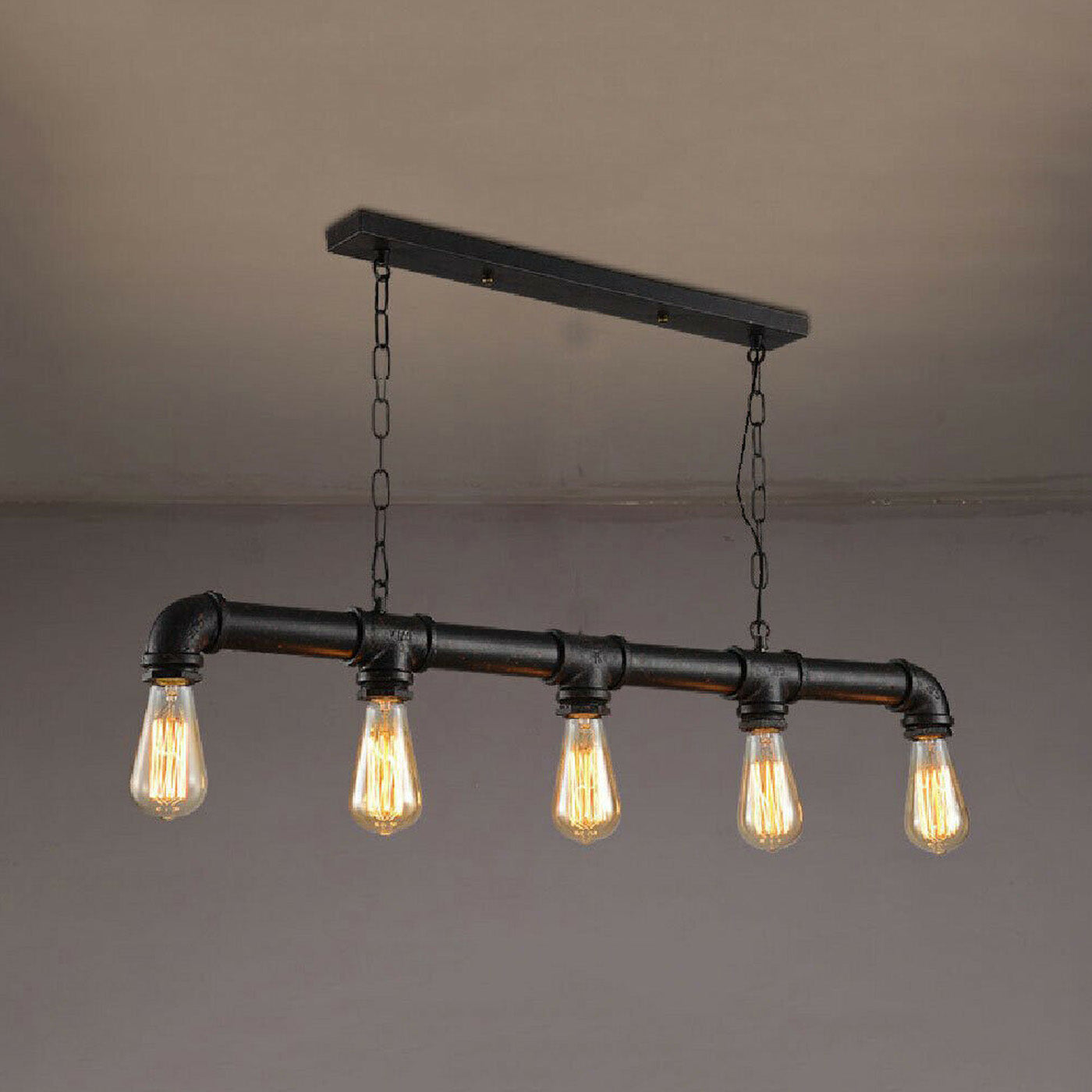 5-Head Water-Pipe Ceiling Light in Black showcasing vintage industrial design with five lamp holders and metal construction.