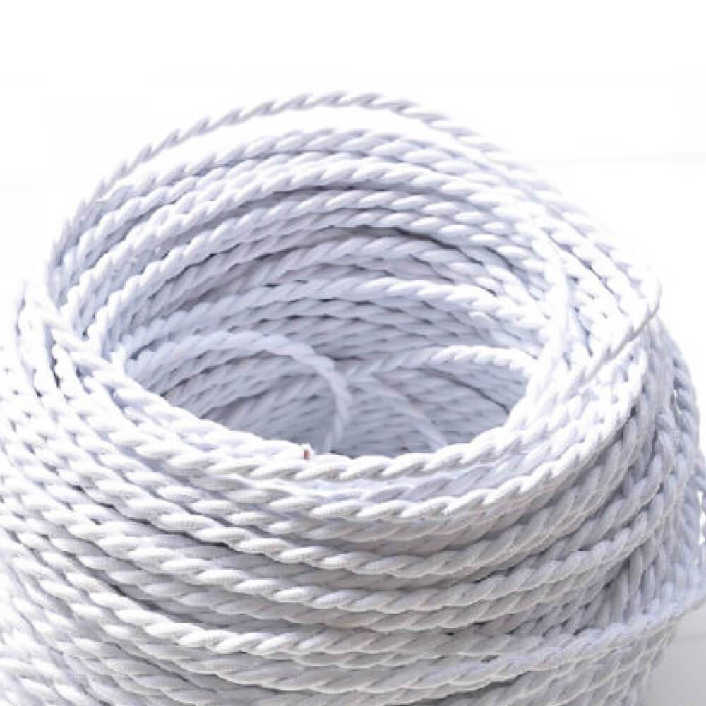 5m white 2 core twisted electric fabric cable, ideal for vintage lighting projects, showcasing its braided design and quality finish.