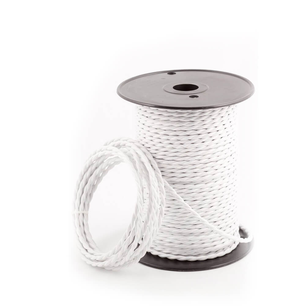 5m white 2 core twisted electric fabric cable, ideal for vintage lighting projects, showcasing its braided design and quality finish.