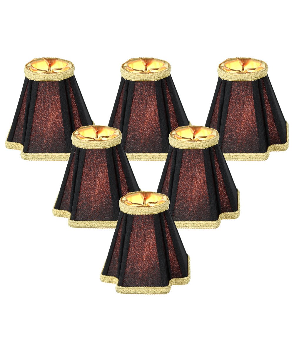 Set of 6 black clip-on lampshades with gold liner, made from premium shantung fabric, featuring heavy brass and steel frames for durability.