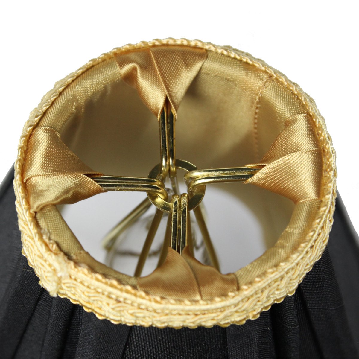 Set of 6 black clip-on lampshades with gold liner, made from premium shantung fabric, featuring heavy brass and steel frames for durability.