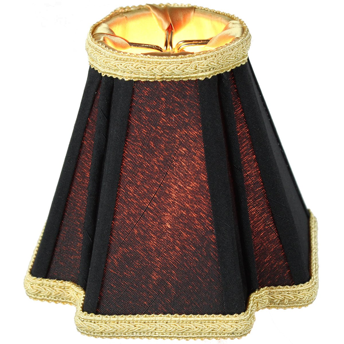 Set of 6 black clip-on lampshades with gold liner, made from premium shantung fabric, featuring heavy brass and steel frames for durability.