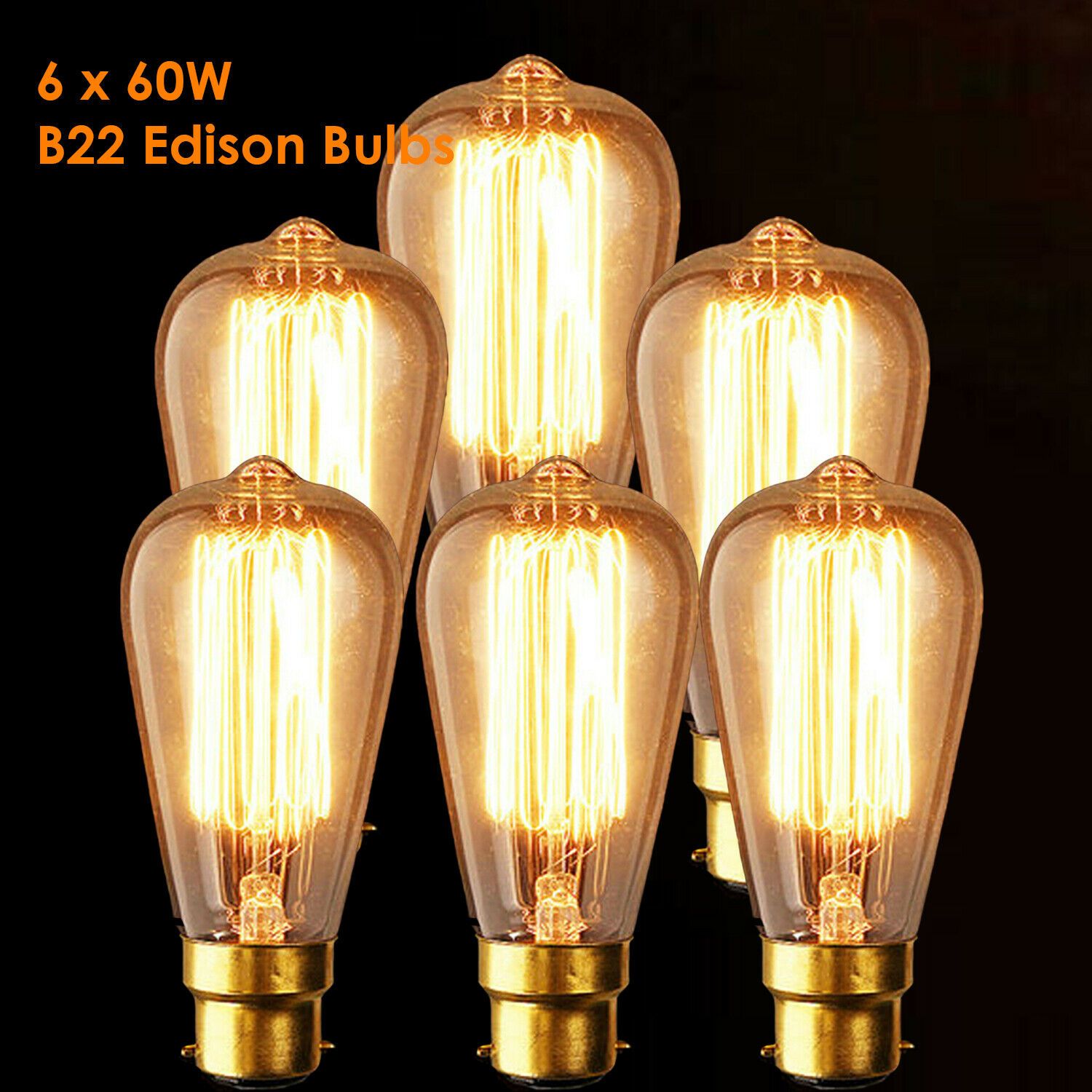 A pack of six B22 60W Edison vintage filament candle bulbs with a warm amber glow, showcasing their antique design and glass finish.