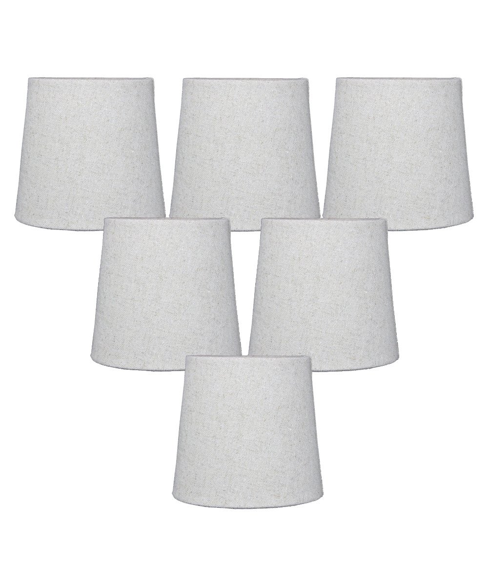 Set of 6 sand linen drum clip-on lampshades with beige fabric liner, featuring heavy brass and steel frames for durability.