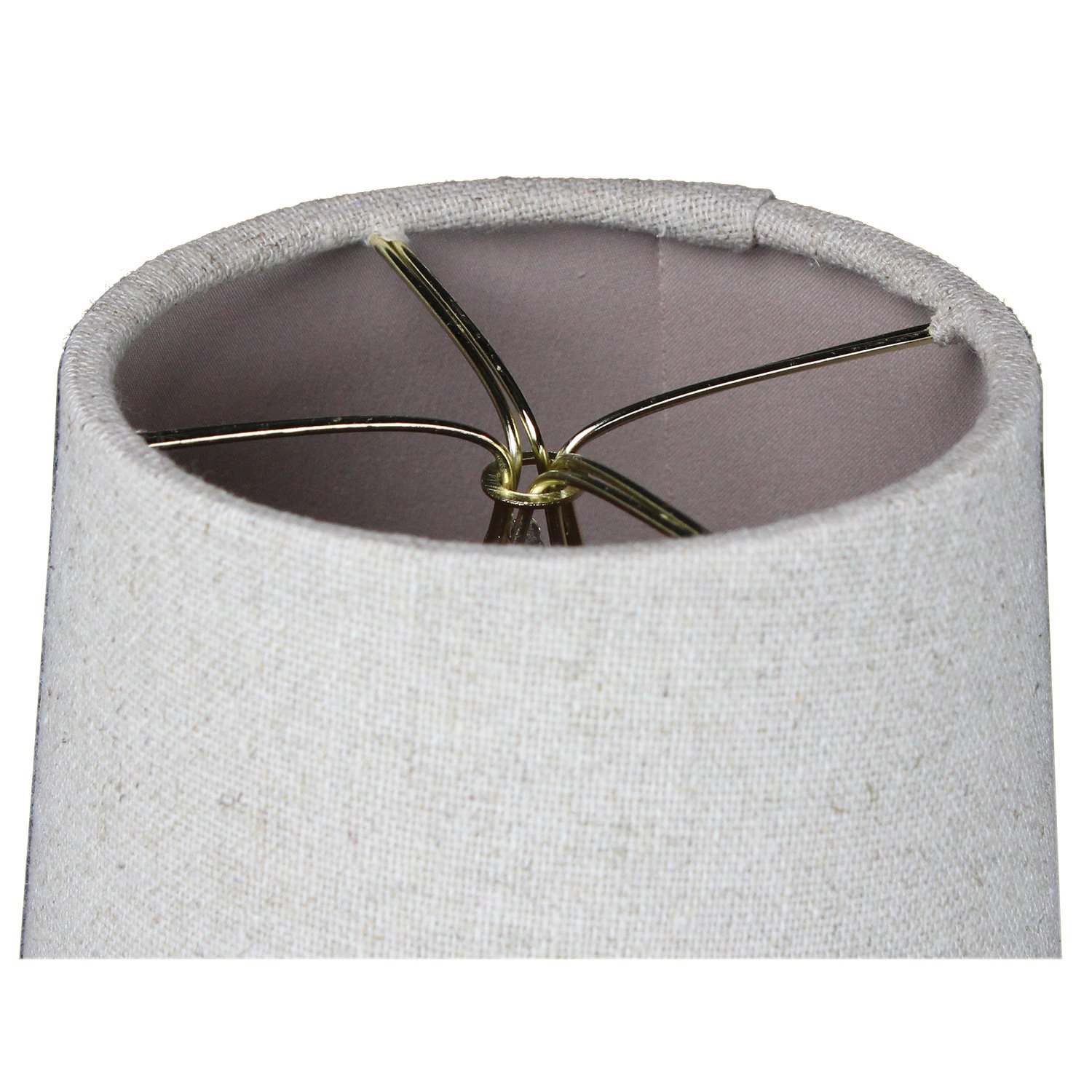 Set of 6 sand linen drum clip-on lampshades with beige fabric liner, featuring heavy brass and steel frames for durability.