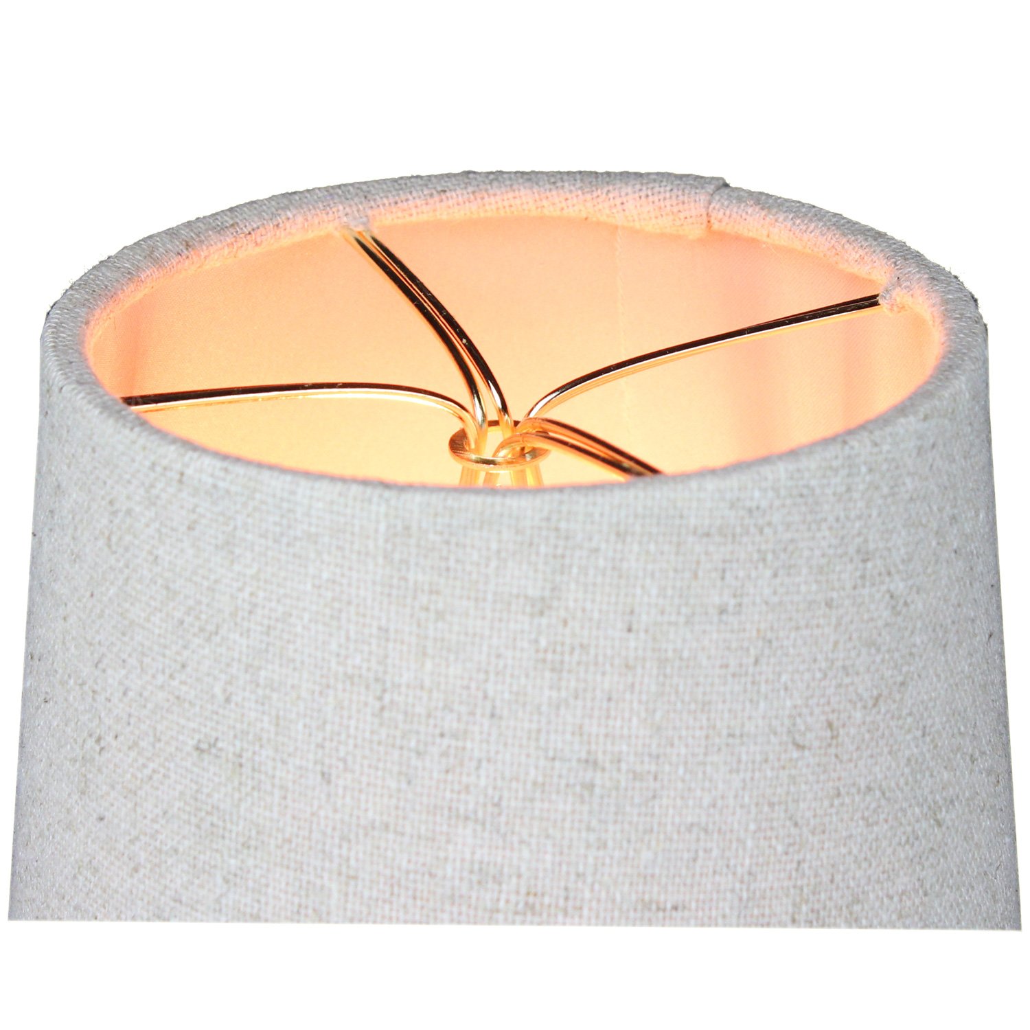 Set of 6 sand linen drum clip-on lampshades with beige fabric liner, featuring heavy brass and steel frames for durability.