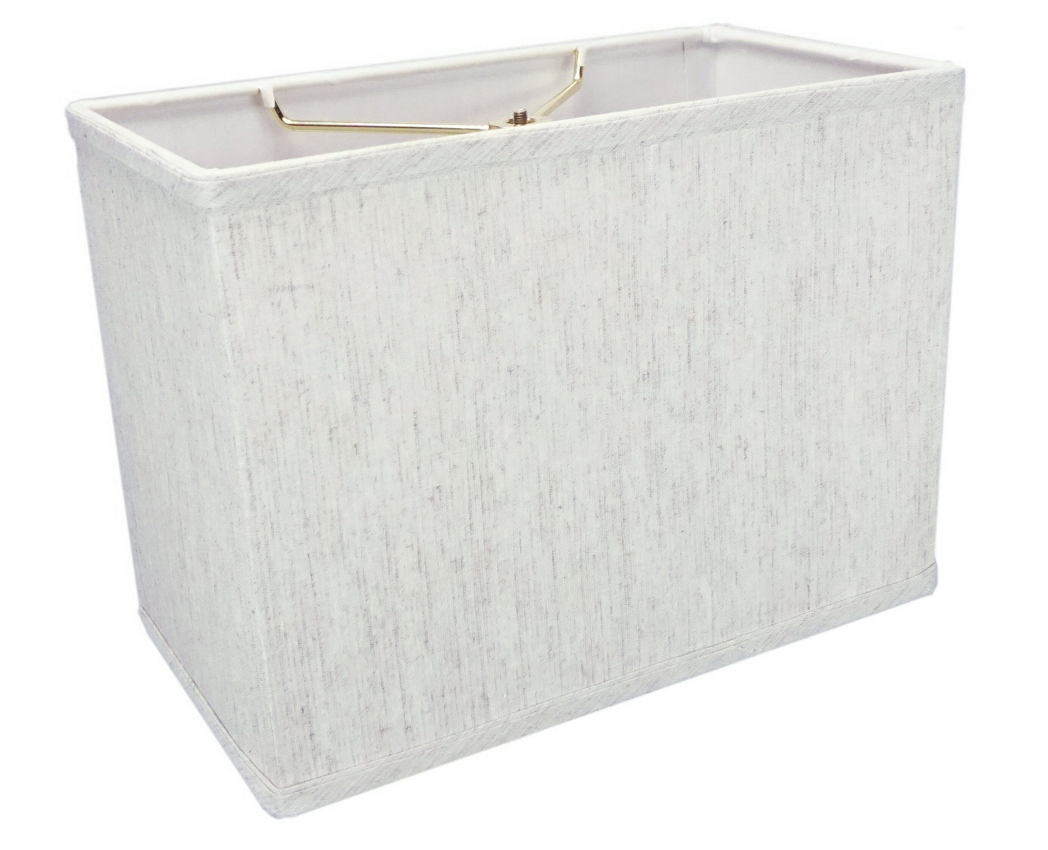 7 inch wide by 9 inch high rectangular drum lampshade in softback textured oatmeal fabric with white lining, featuring a sturdy brass and steel frame.