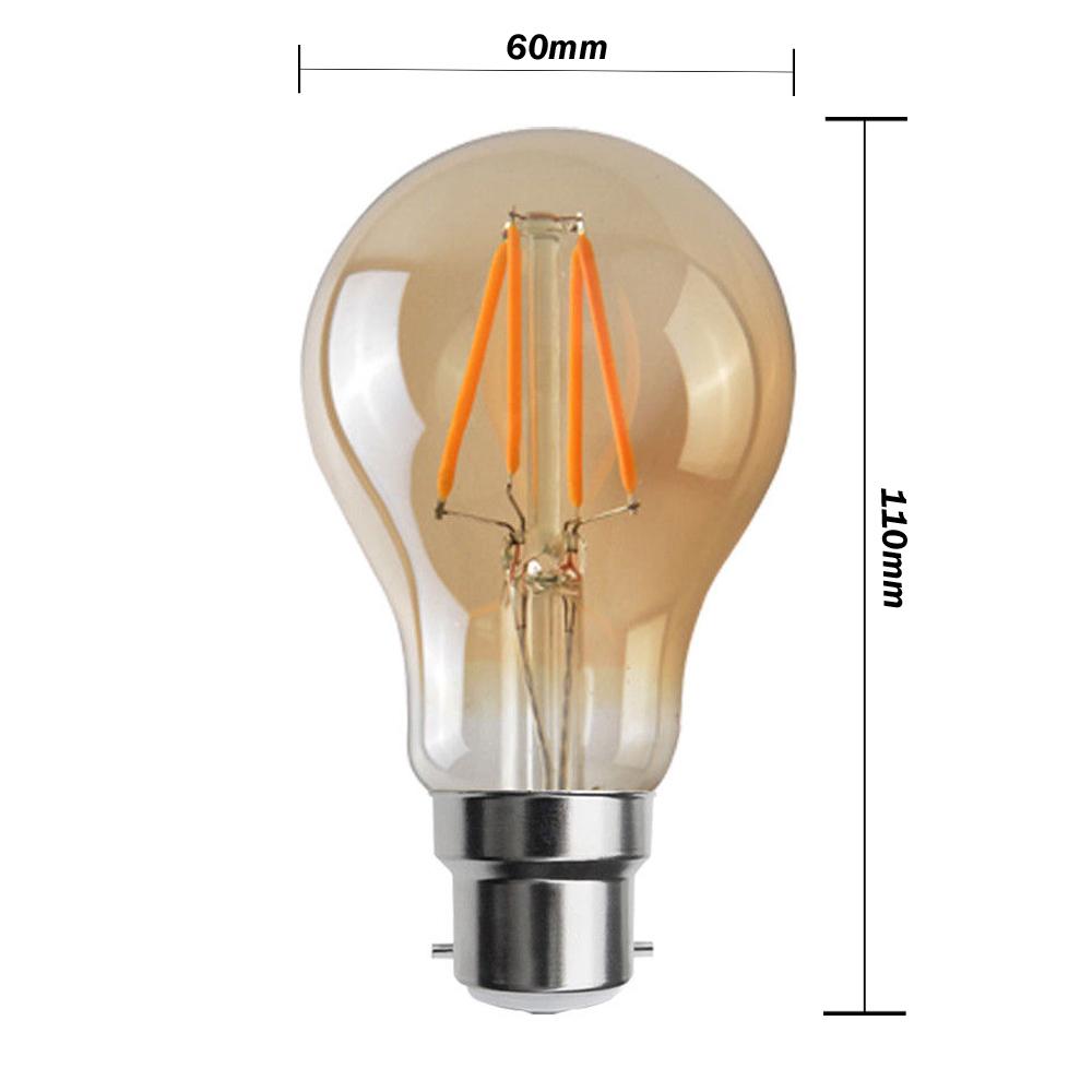 A60 B22 4W Dimmable Vintage Filament LED Bulb showcasing its classic design and warm glow.